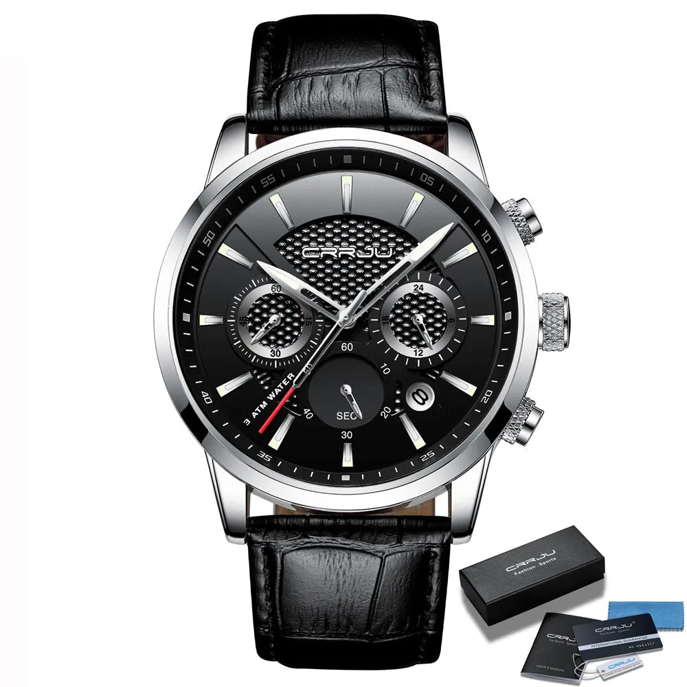 Quartz Watch CRRJU New Luxury Men Outdoor Mens Watches Sport Watches Chronograph Wristwatch Clock Leather Wrist Watch