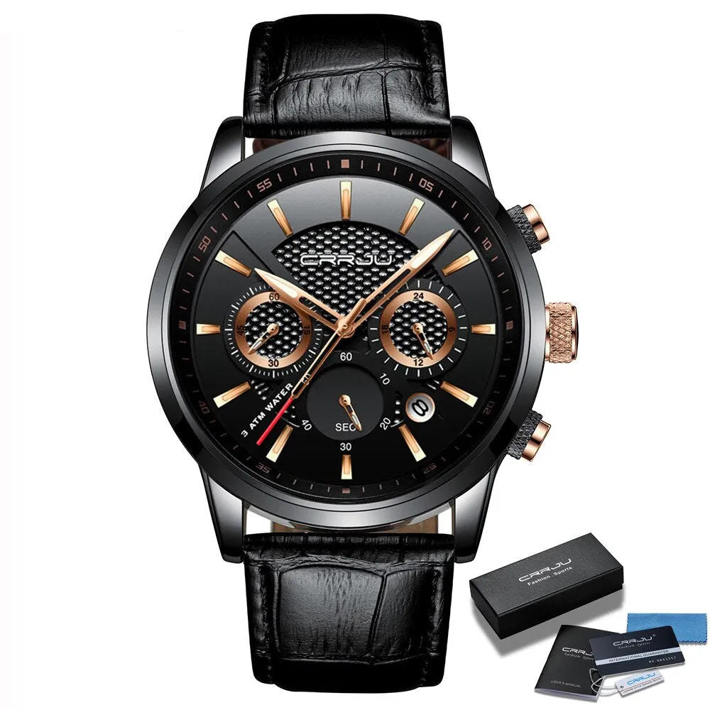 Quartz Watch CRRJU New Luxury Men Outdoor Mens Watches Sport Watches Chronograph Wristwatch Clock Leather Wrist Watch