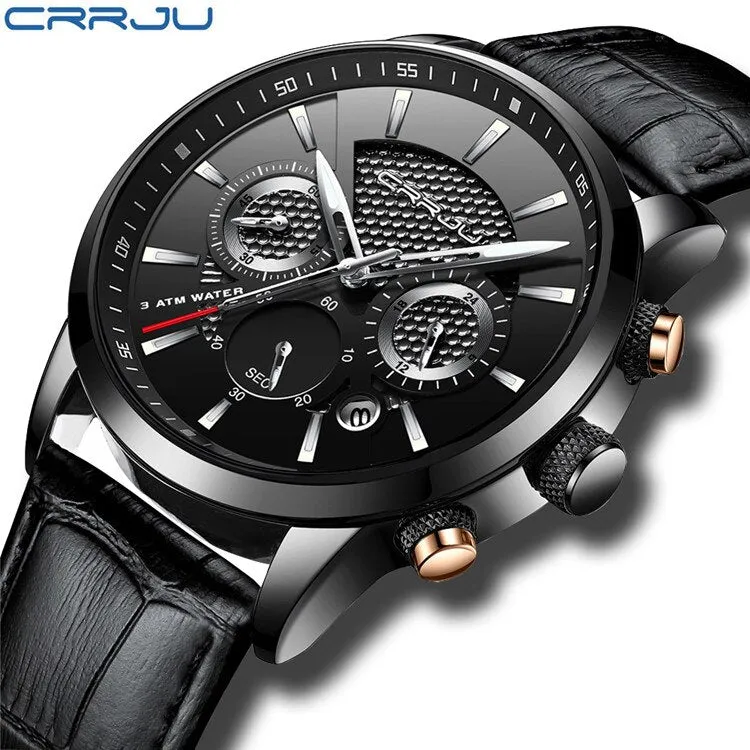 Quartz Watch CRRJU New Luxury Men Outdoor Mens Watches Sport Watches Chronograph Wristwatch Clock Leather Wrist Watch