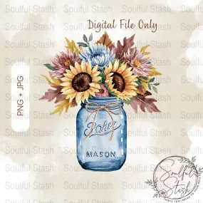 Rustic Floral Watercolor Art, Digital Mason Jar Painting, Boho Sunflower Bouquet, Fall Decor PNG Download, Sublimation Print