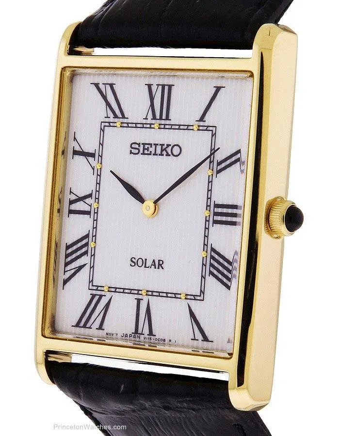 Seiko Solar Classic Mens Watch - Gold-Tone - Black Leather Strap