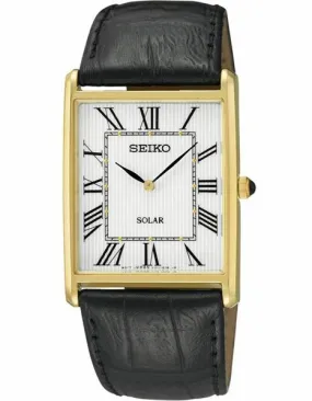 Seiko Solar Classic Mens Watch - Gold-Tone - Black Leather Strap