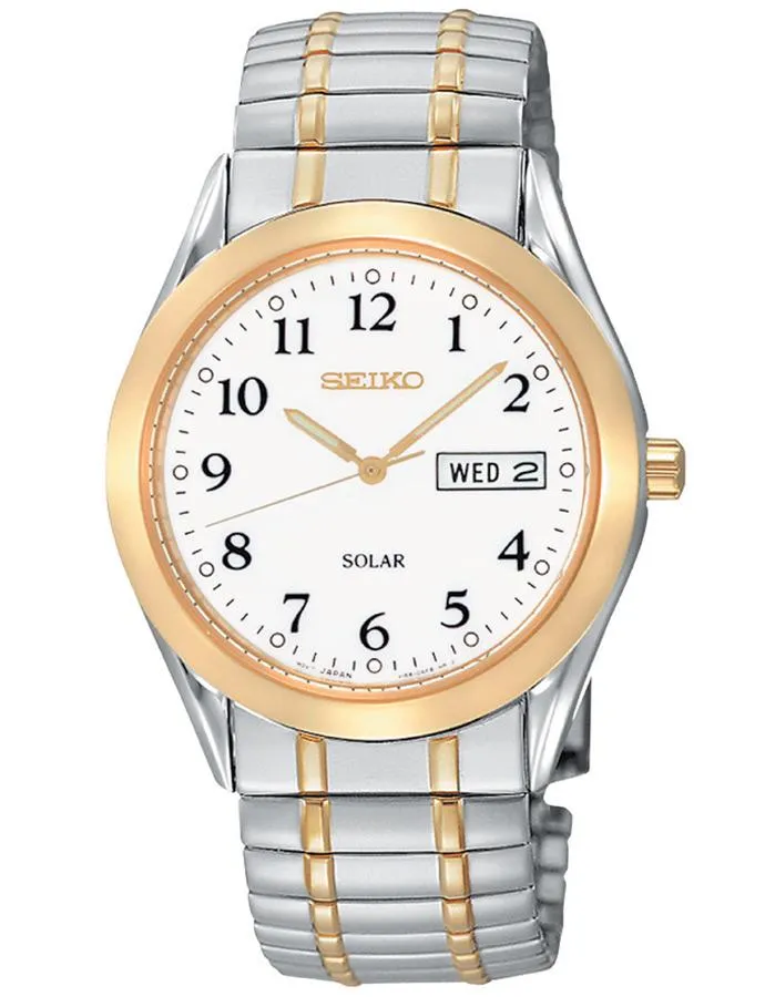 Seiko Solar Mens Watch - White Dial - Two-Tone - Expansion Band - Day-Date