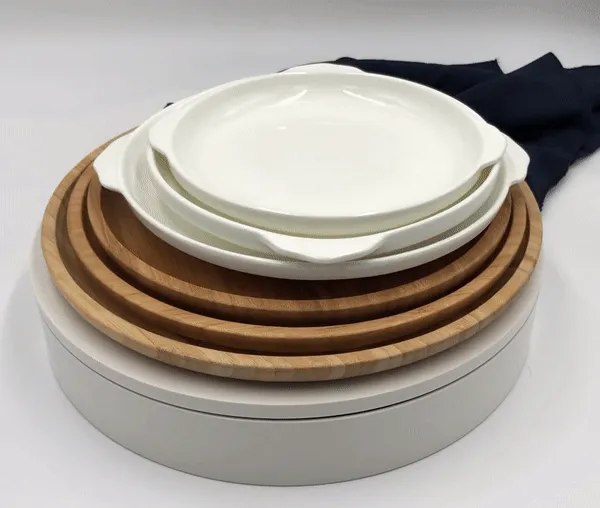 Set Of 3 Bamboo And Fine Porcelain Round Baking Dish/plate Setting