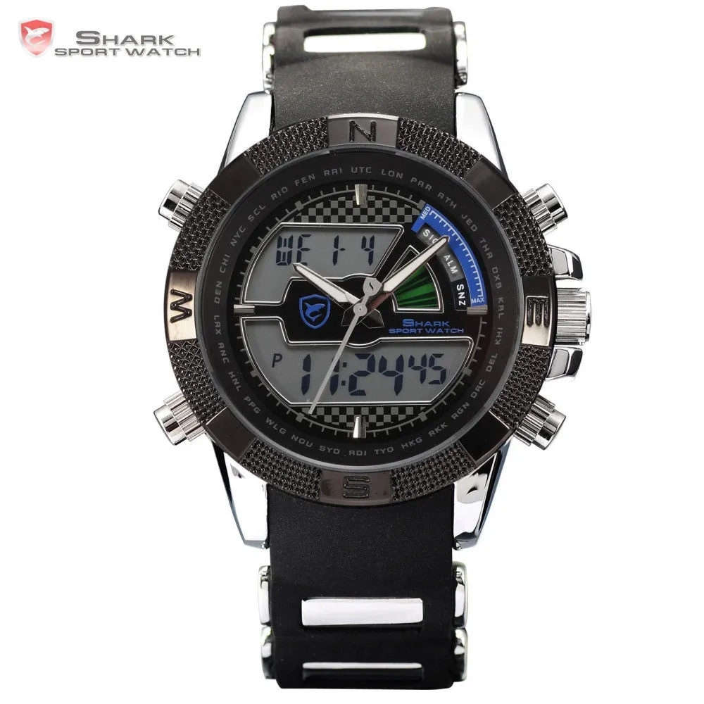 SHARK Sport Watch Relogio LCD Auto Date Alarm Silicone Strap Chronograph Dual Time Men Quartz Outdoor Digital Wristwatch