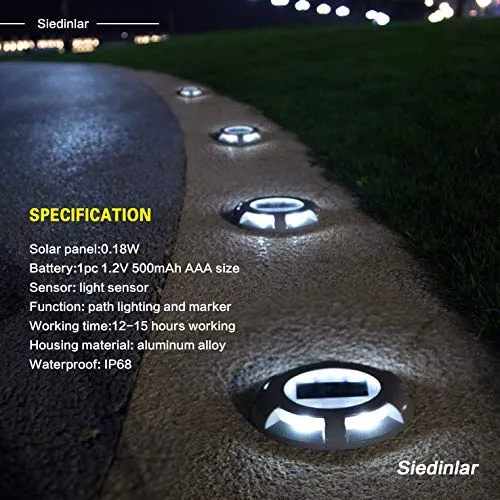 SIEDiNLAR Solar Deck Lights Driveway Dock LED Light Solar Powered Outdoor Waterproof Road Markers for Step Sidewalk Stair Garden Ground Pathway Yard 4 Pack (White)