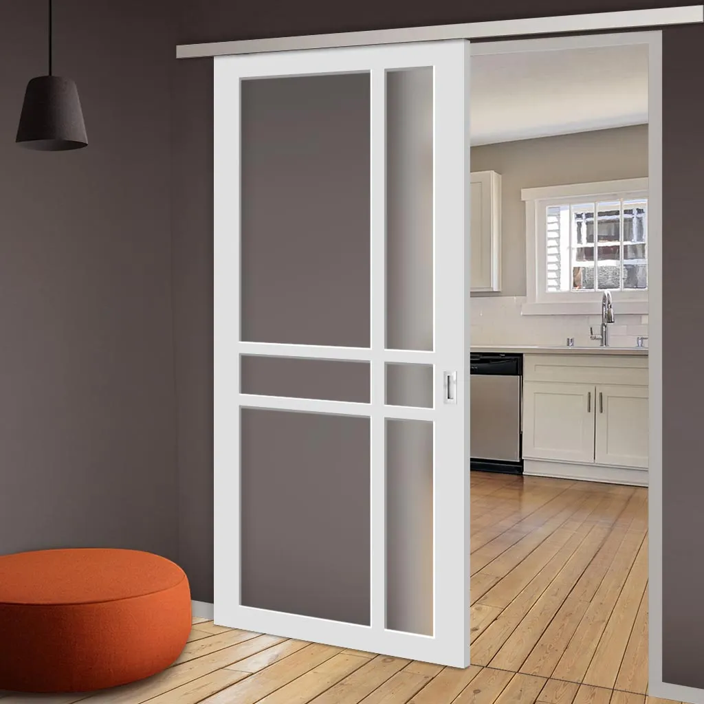 Single Sliding Door & Premium Wall Track - Eco-Urban® Glasgow 6 Pane Door DD6314SG - Frosted Glass - 6 Colour Options