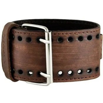 Skull Triangle Silver Watch with Stitched Distressed Dark Brown Leather Cuff