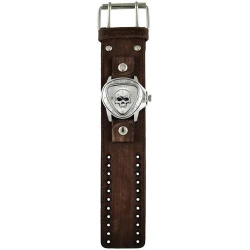 Skull Triangle Silver Watch with Stitched Distressed Dark Brown Leather Cuff