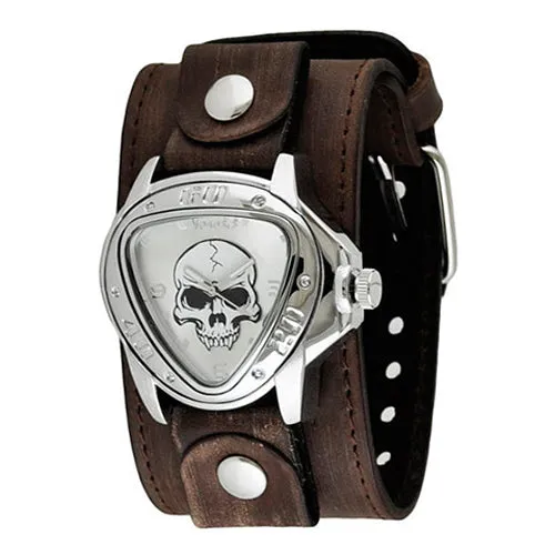 Skull Triangle Silver Watch with Stitched Distressed Dark Brown Leather Cuff