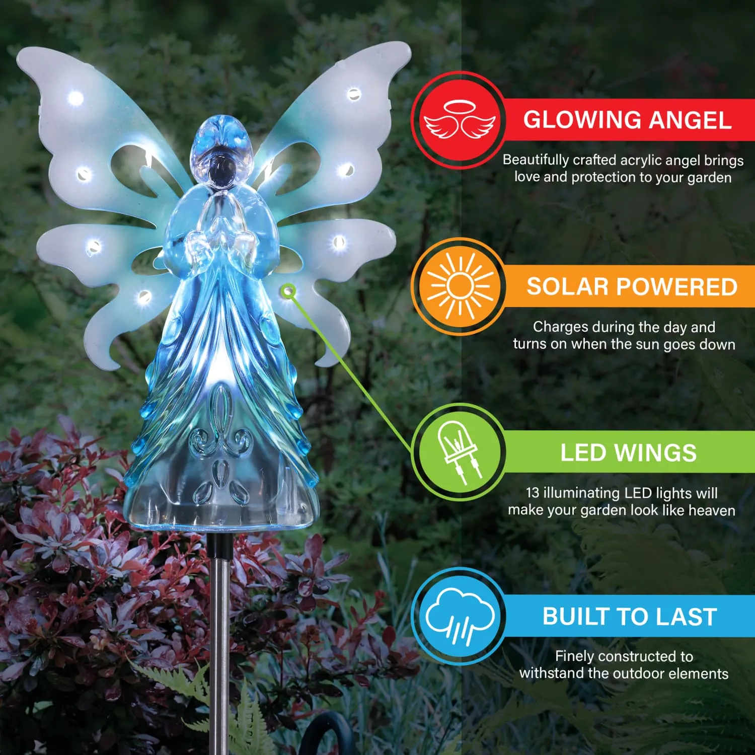 Solar Blue Acrylic Angel Stake with 13 LEDs, 6 Inch Body Size