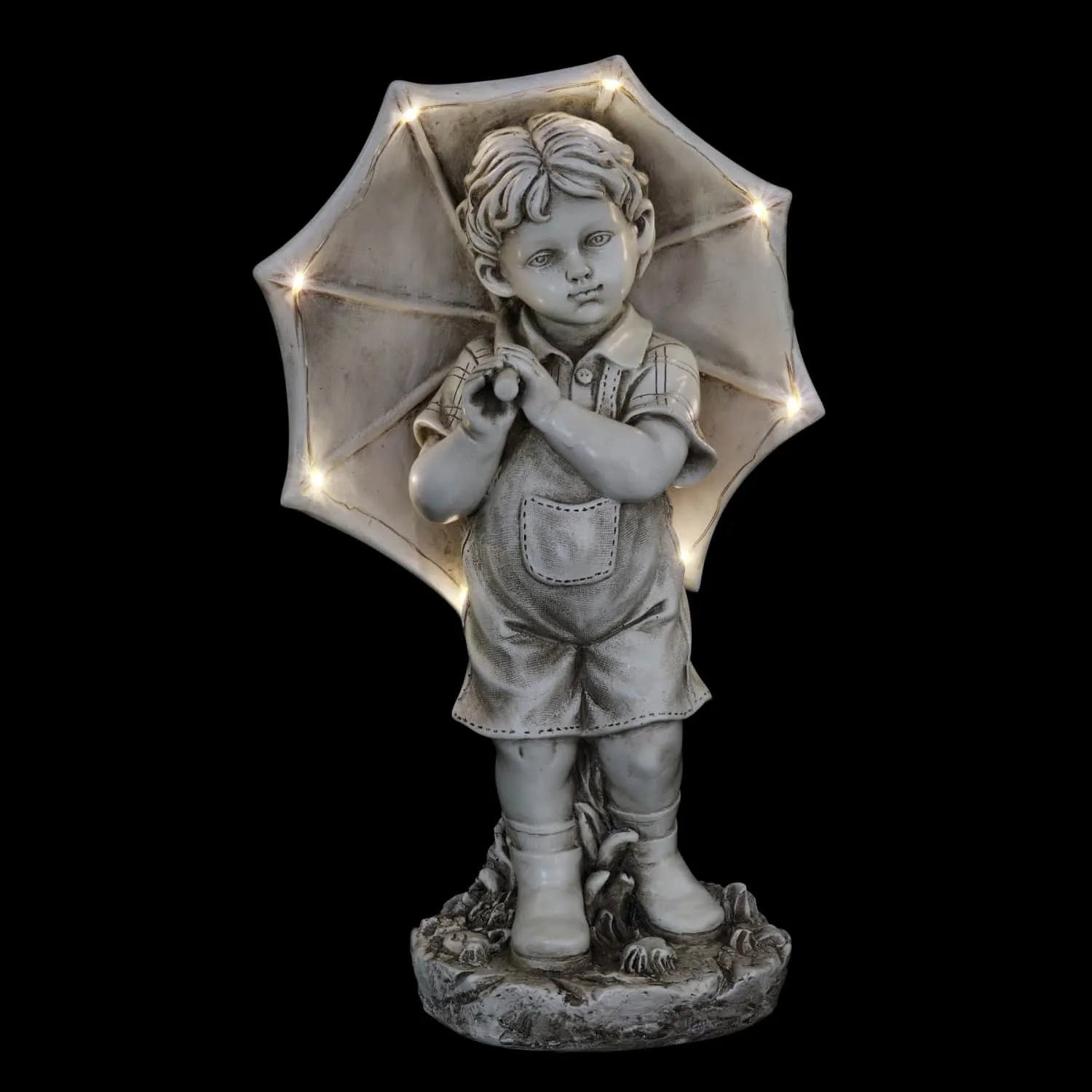 Solar Boy with Umbrella Statue in Natural Resin Finish, 19 Inch