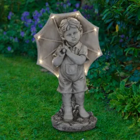 Solar Boy with Umbrella Statue in Natural Resin Finish, 19 Inch