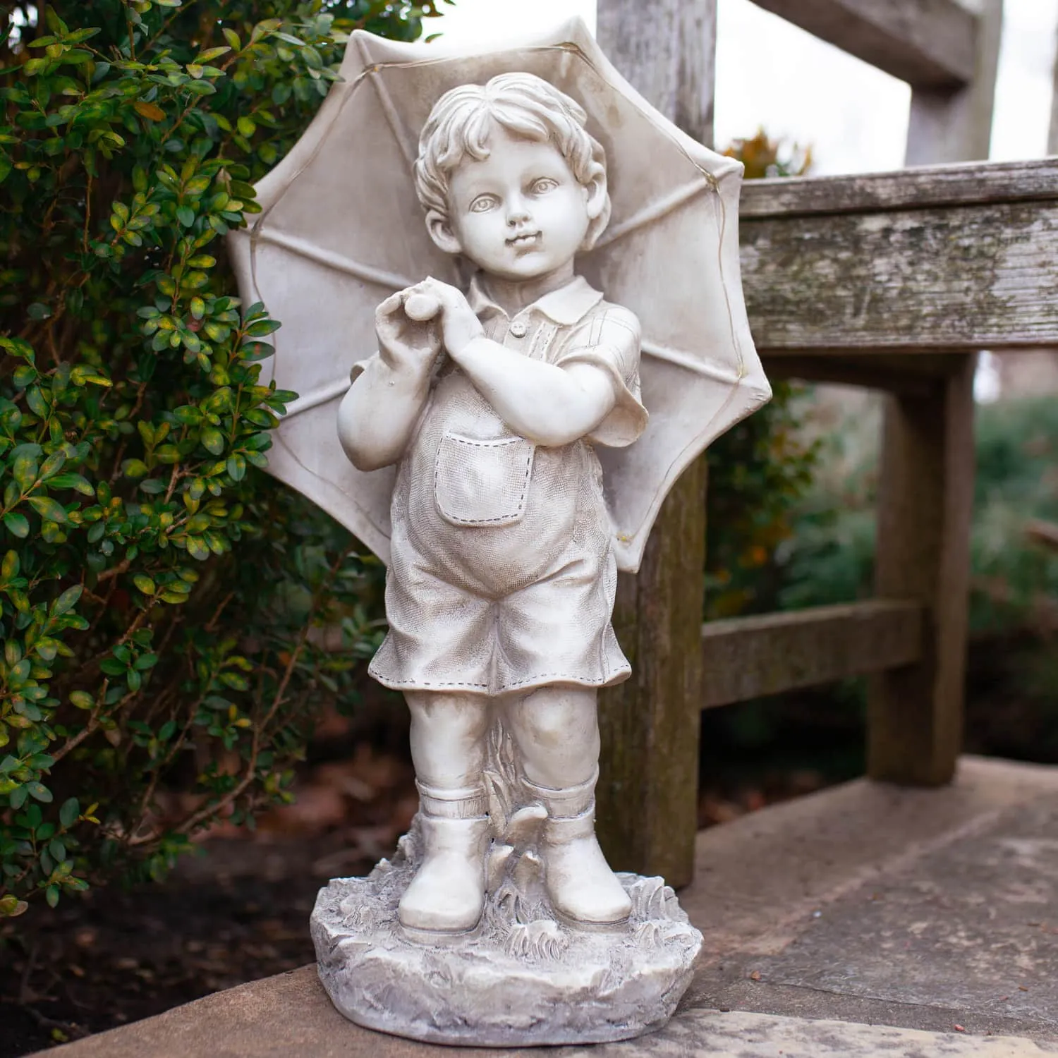 Solar Boy with Umbrella Statue in Natural Resin Finish, 19 Inch