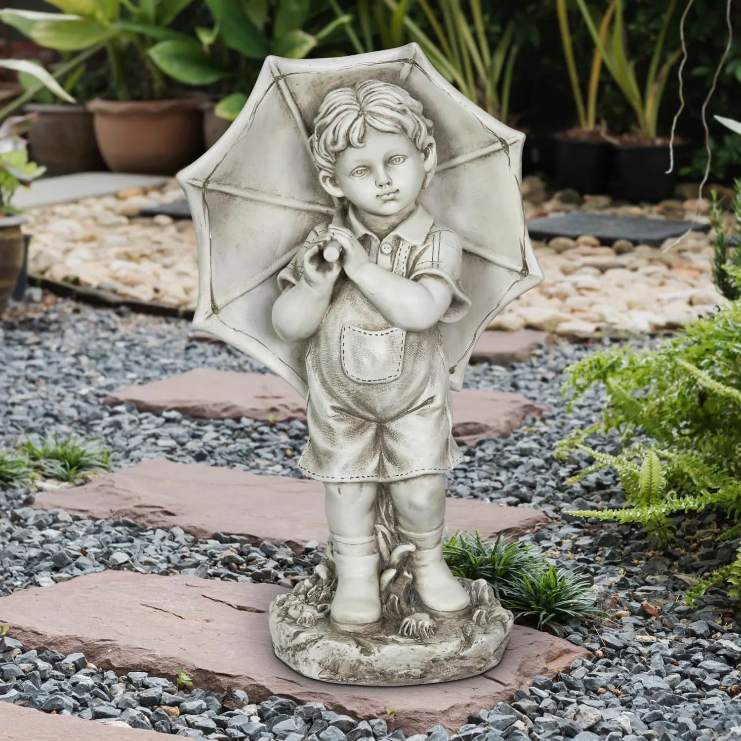 Solar Boy with Umbrella Statue in Natural Resin Finish, 19 Inch