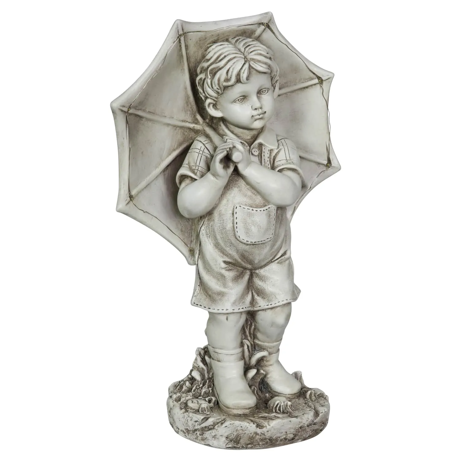 Solar Boy with Umbrella Statue in Natural Resin Finish, 19 Inch