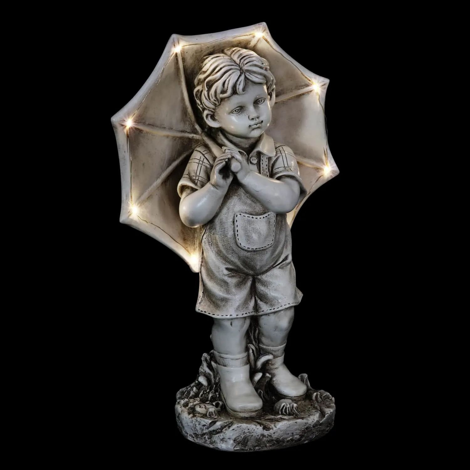 Solar Boy with Umbrella Statue in Natural Resin Finish, 19 Inch