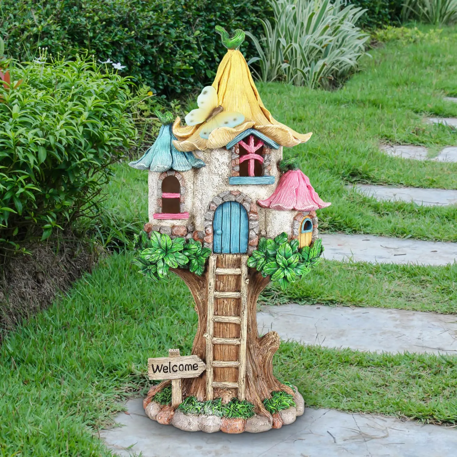 Solar Pastel Fairy Tree House with Lily Roof and Ladder, 9 by 17.5 Inches