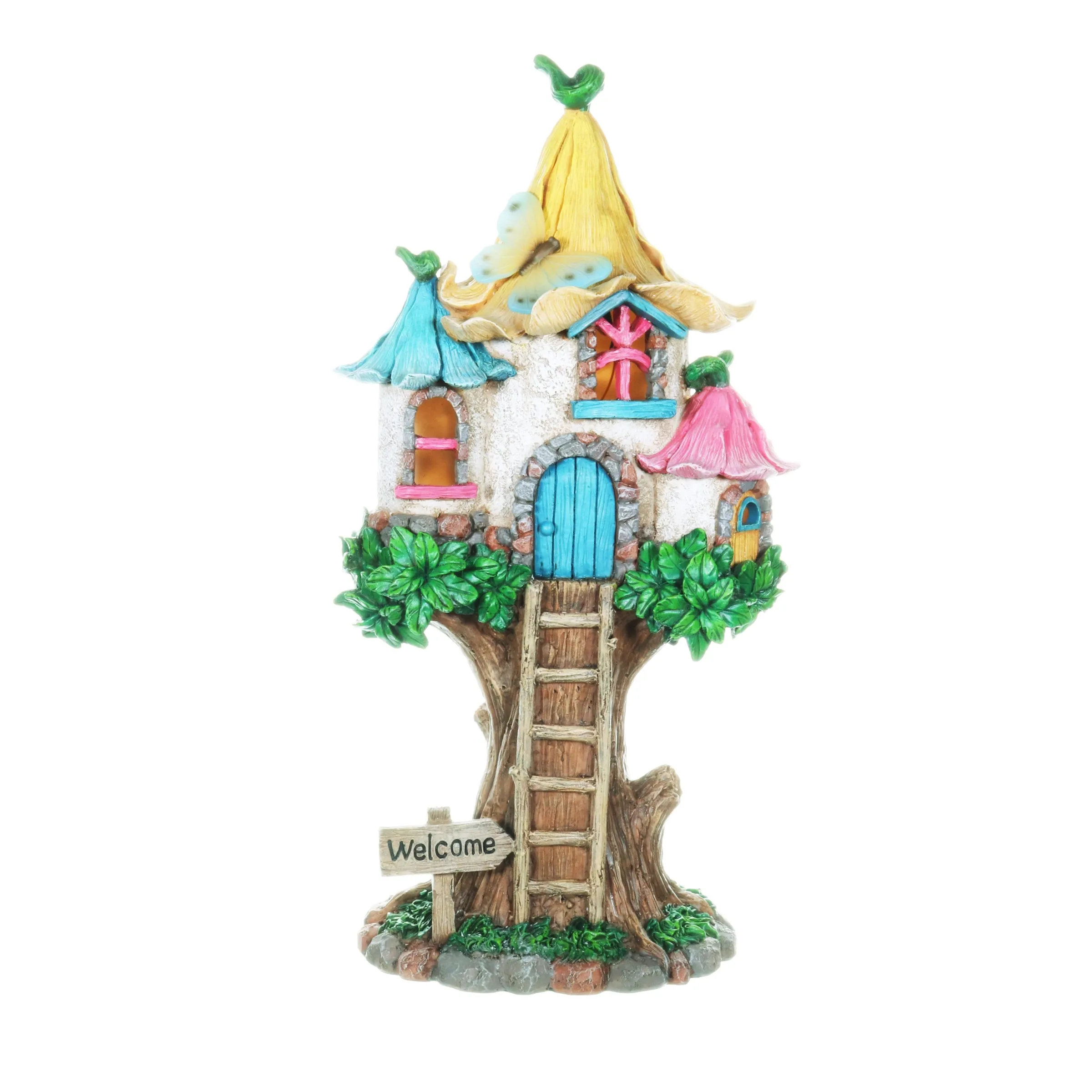 Solar Pastel Fairy Tree House with Lily Roof and Ladder, 9 by 17.5 Inches