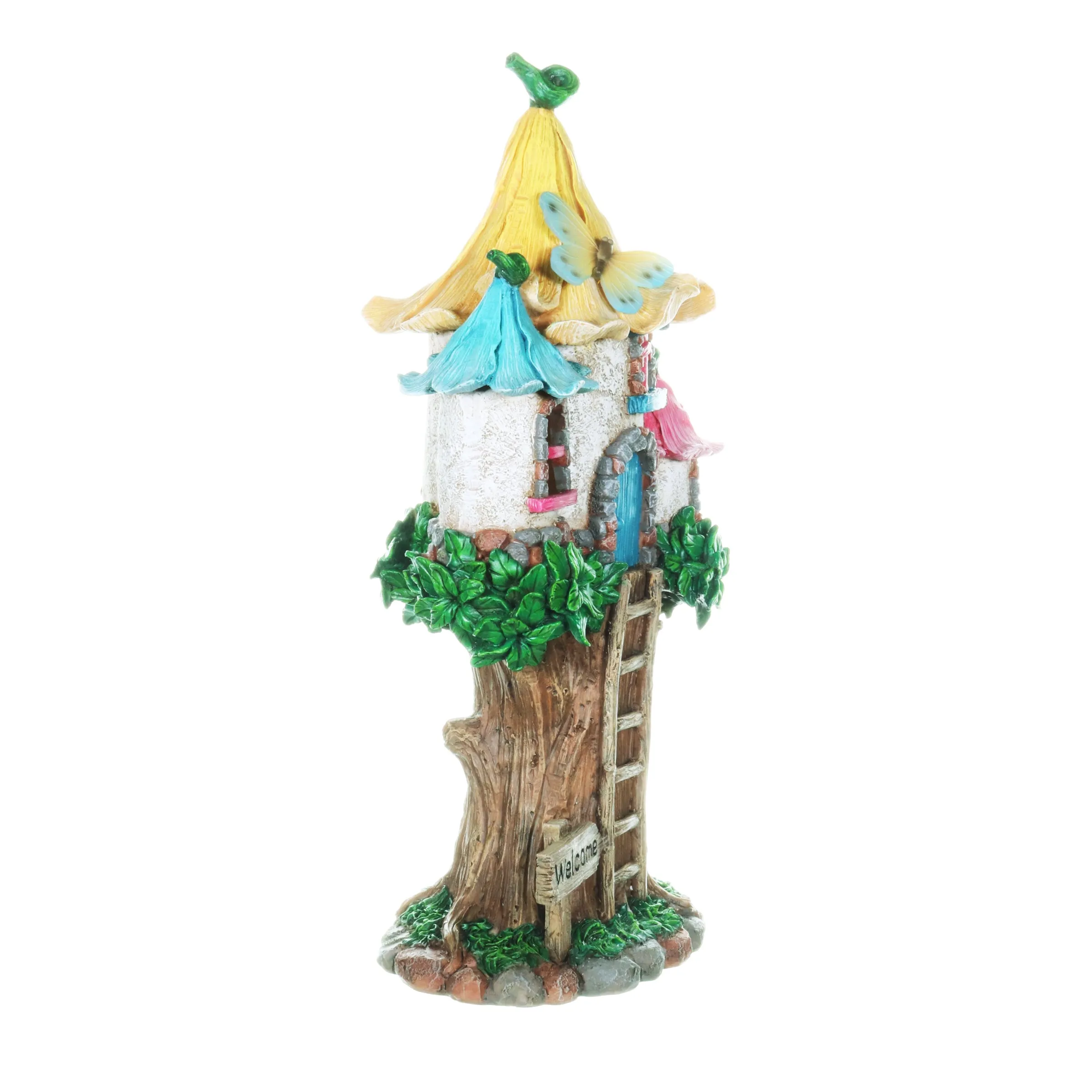 Solar Pastel Fairy Tree House with Lily Roof and Ladder, 9 by 17.5 Inches