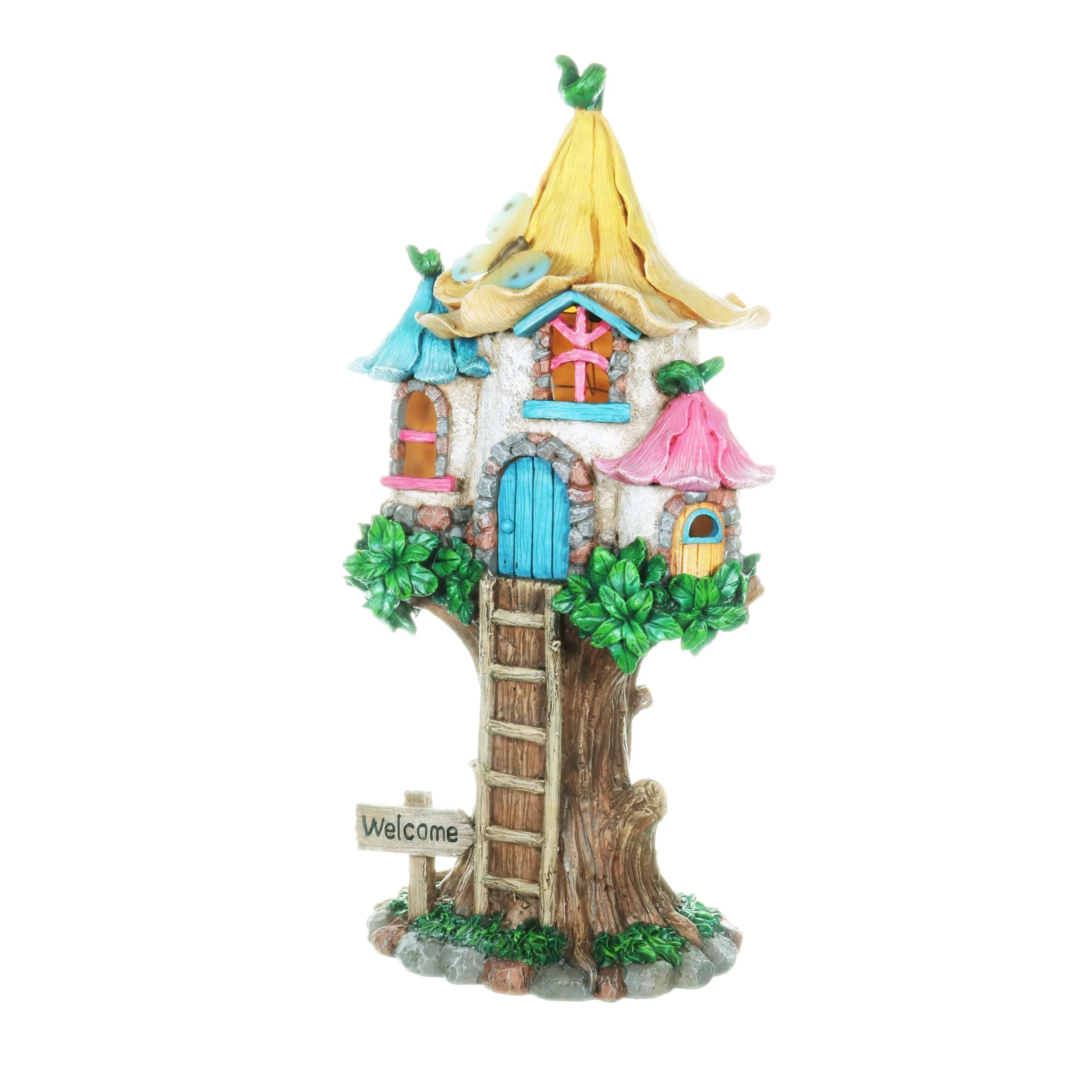 Solar Pastel Fairy Tree House with Lily Roof and Ladder, 9 by 17.5 Inches