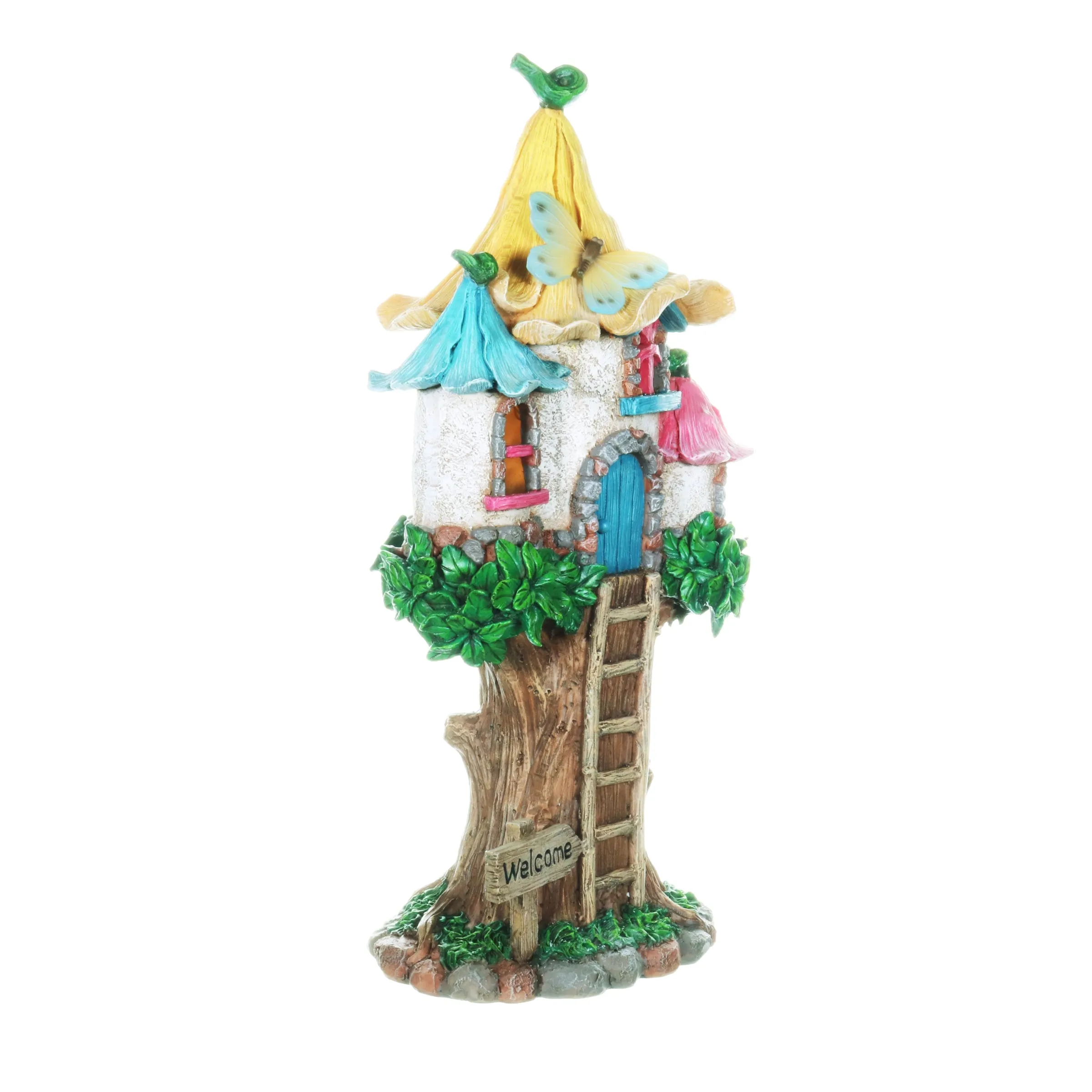 Solar Pastel Fairy Tree House with Lily Roof and Ladder, 9 by 17.5 Inches