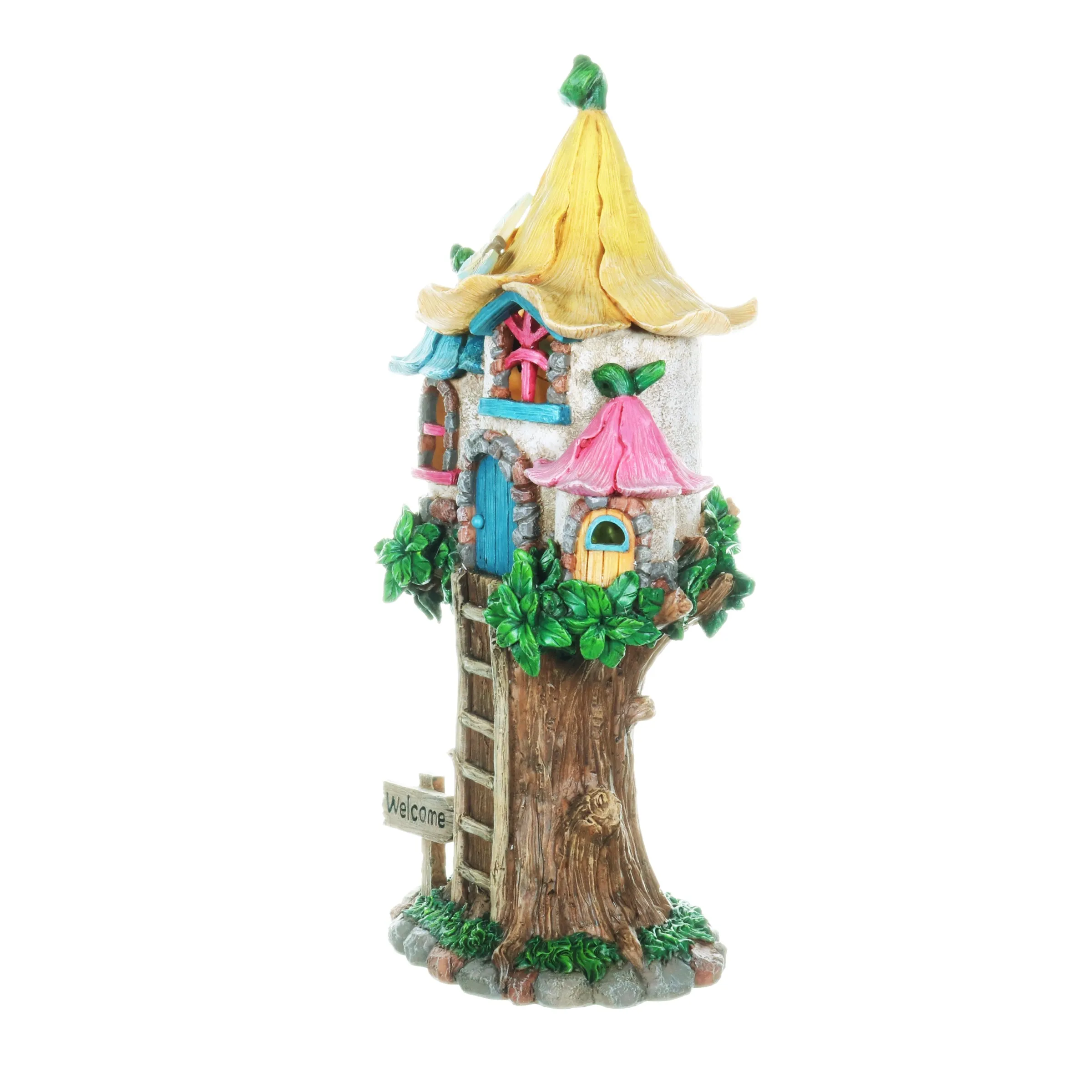 Solar Pastel Fairy Tree House with Lily Roof and Ladder, 9 by 17.5 Inches