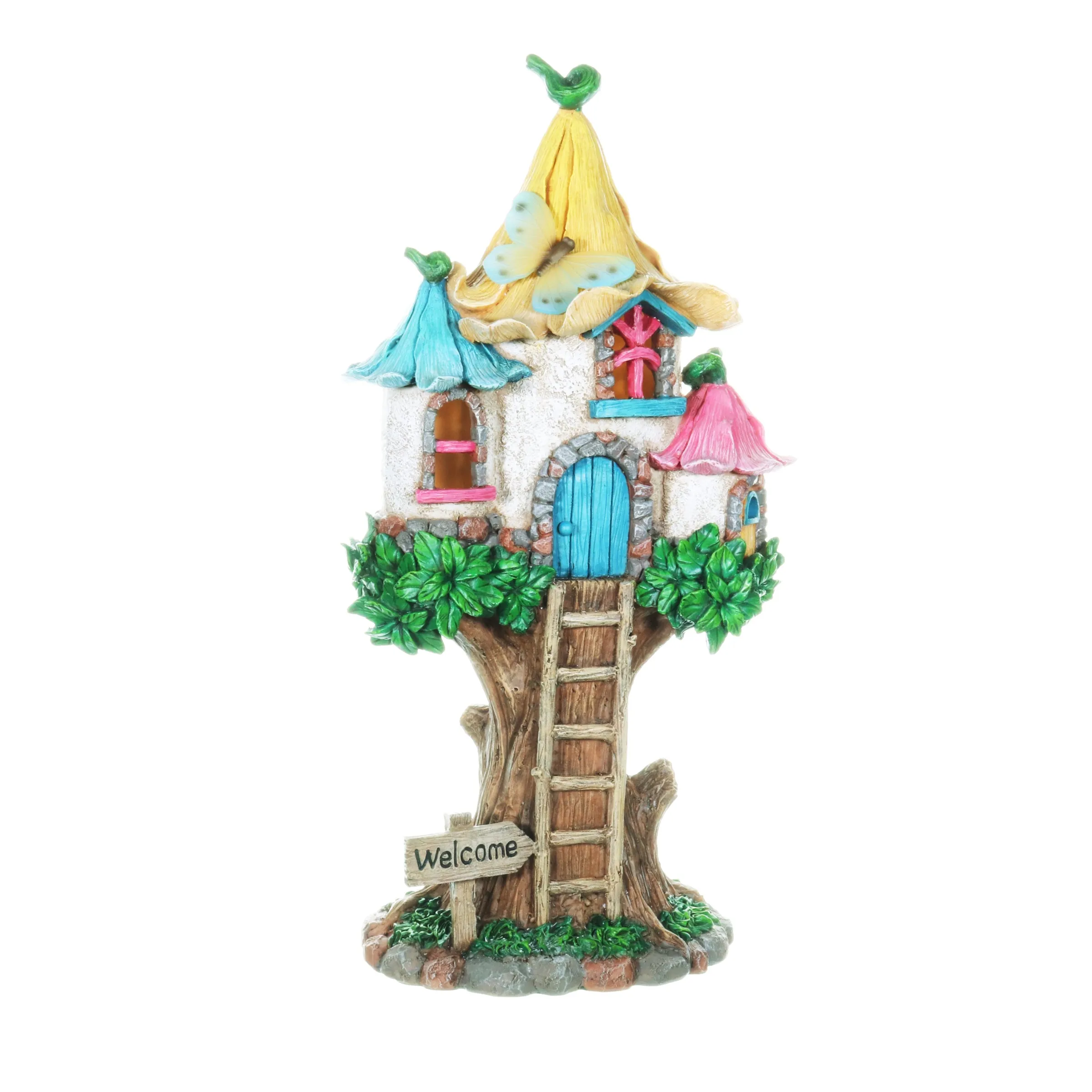 Solar Pastel Fairy Tree House with Lily Roof and Ladder, 9 by 17.5 Inches