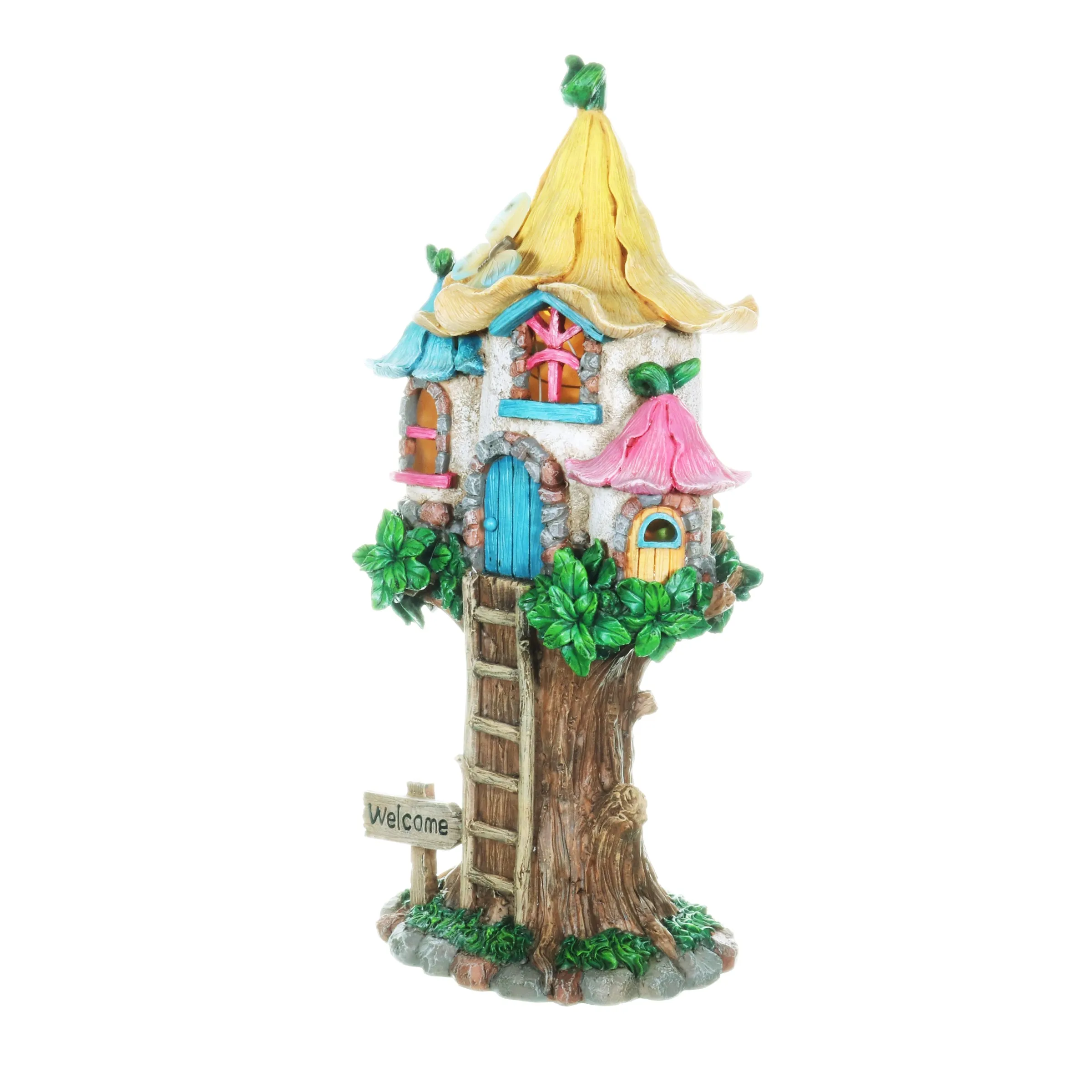 Solar Pastel Fairy Tree House with Lily Roof and Ladder, 9 by 17.5 Inches