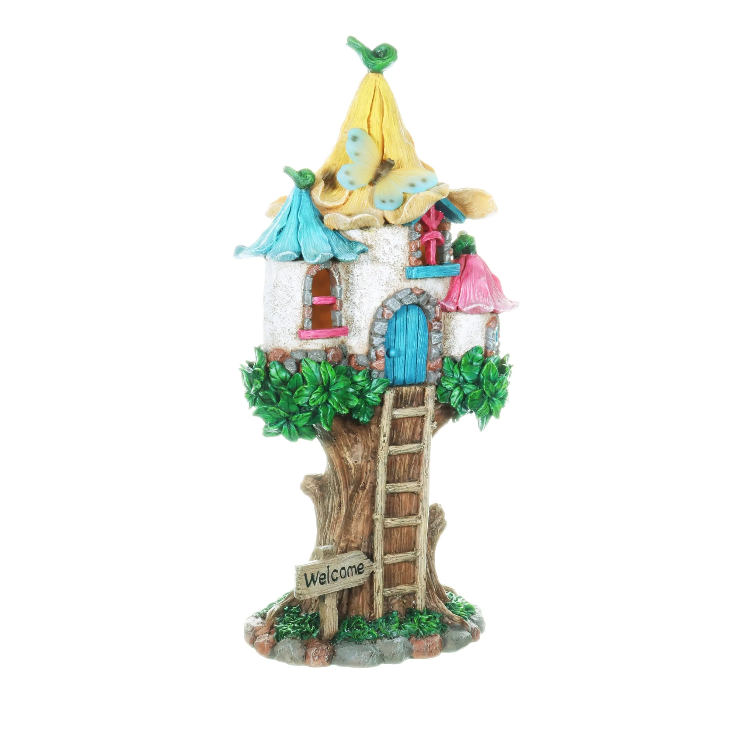 Solar Pastel Fairy Tree House with Lily Roof and Ladder, 9 by 17.5 Inches