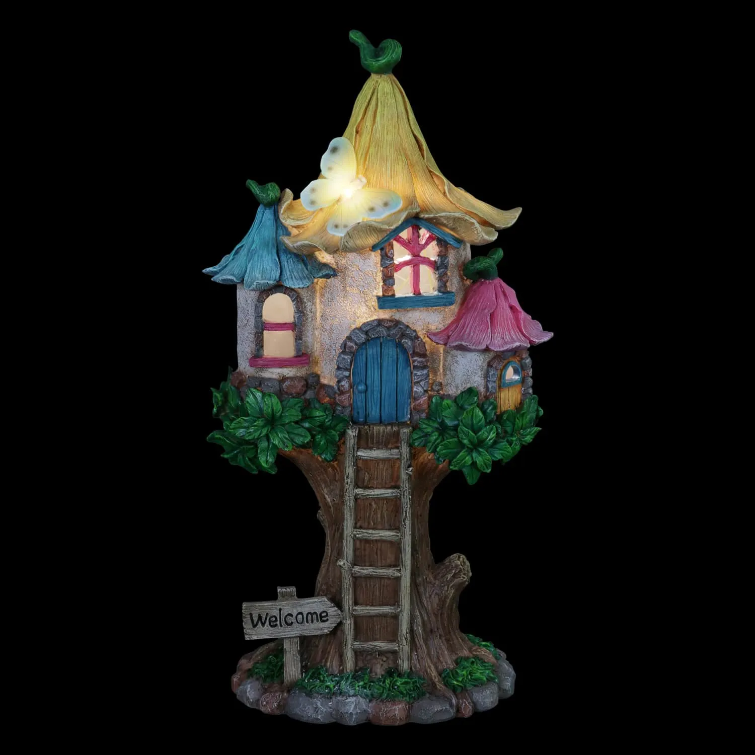 Solar Pastel Fairy Tree House with Lily Roof and Ladder, 9 by 17.5 Inches