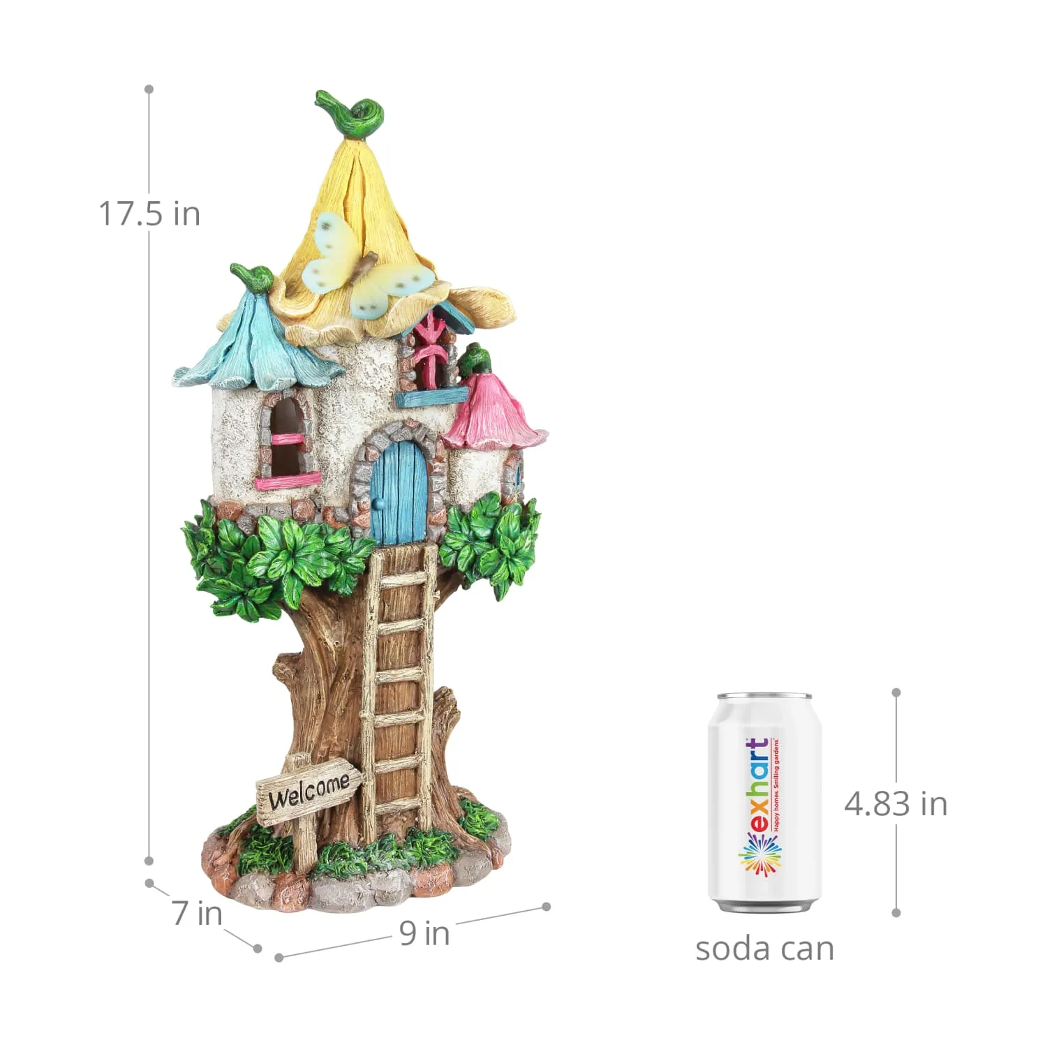 Solar Pastel Fairy Tree House with Lily Roof and Ladder, 9 by 17.5 Inches