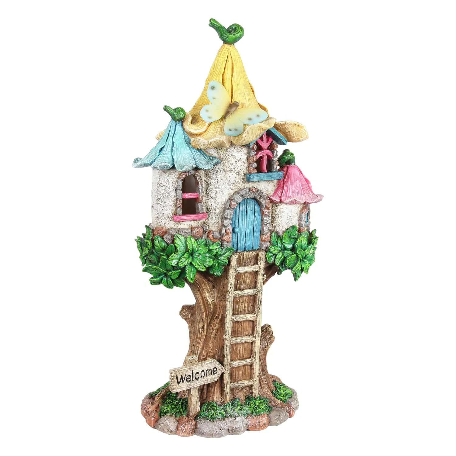 Solar Pastel Fairy Tree House with Lily Roof and Ladder, 9 by 17.5 Inches