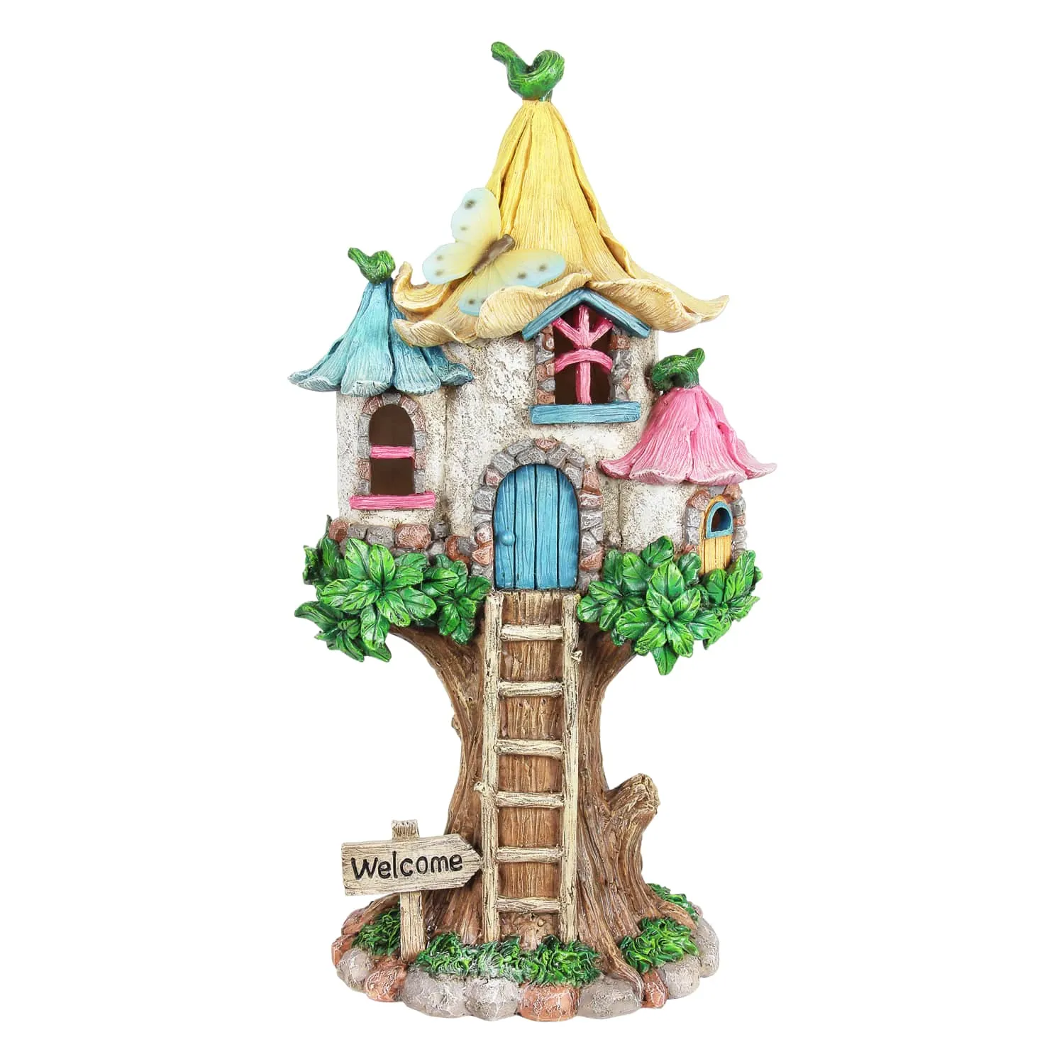 Solar Pastel Fairy Tree House with Lily Roof and Ladder, 9 by 17.5 Inches