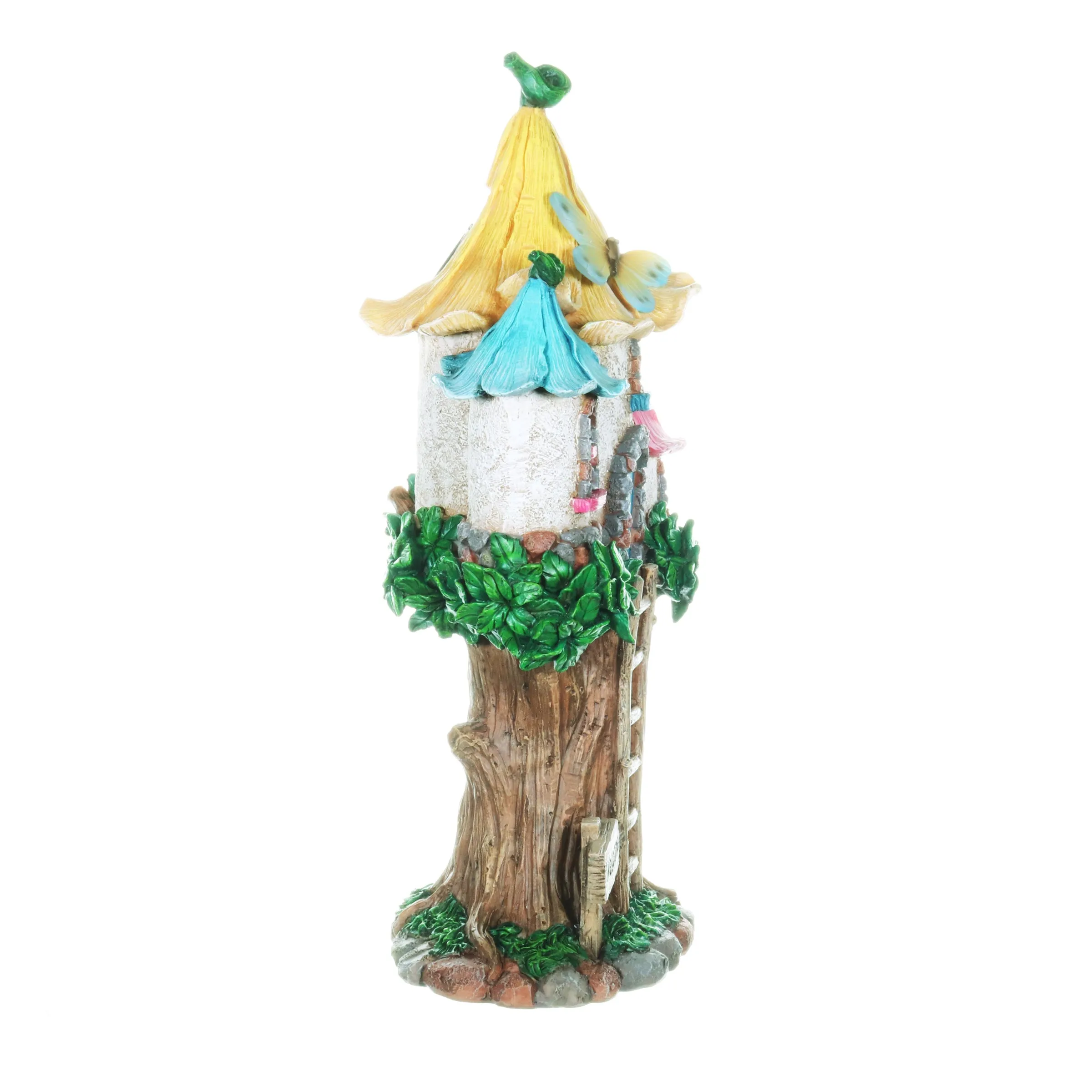 Solar Pastel Fairy Tree House with Lily Roof and Ladder, 9 by 17.5 Inches