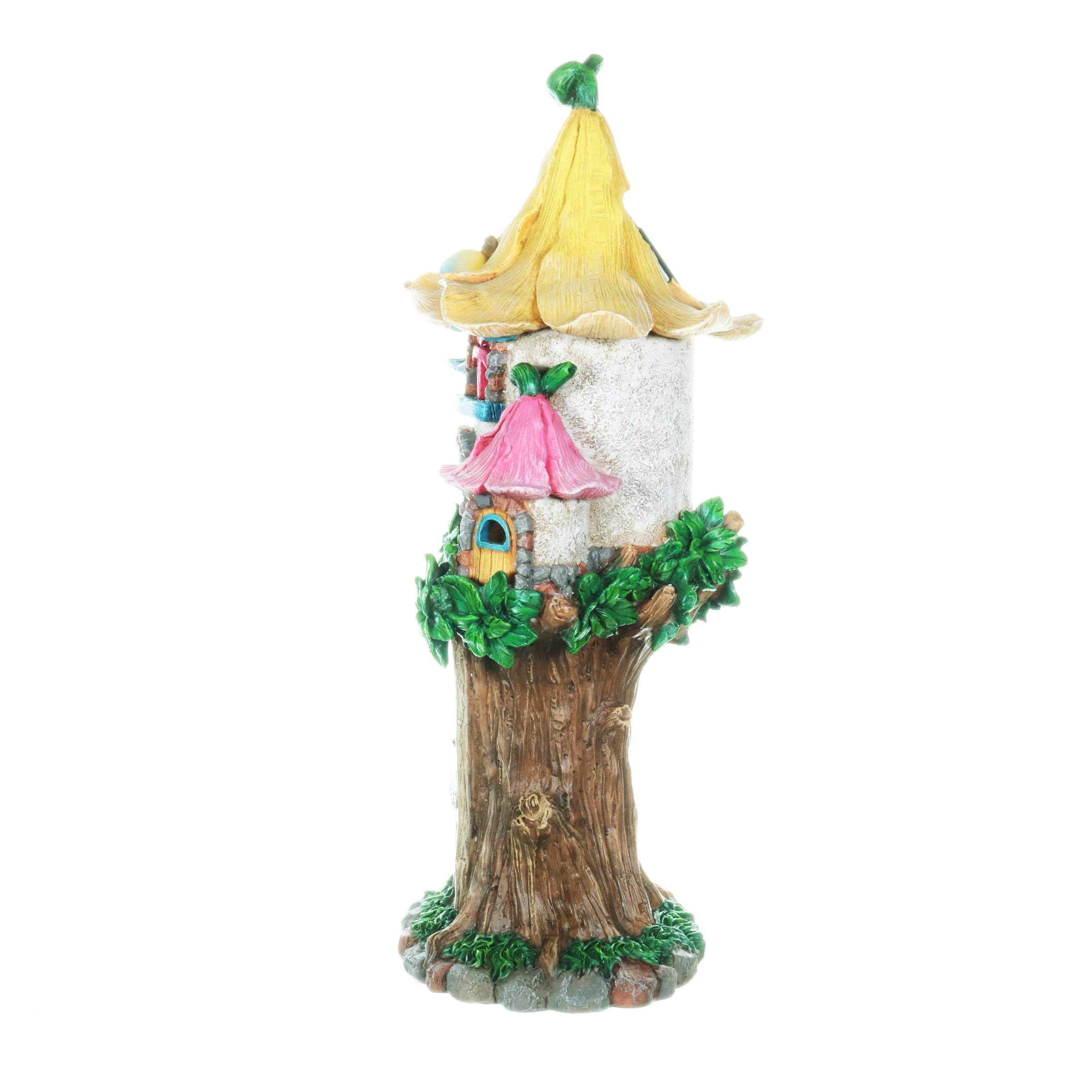 Solar Pastel Fairy Tree House with Lily Roof and Ladder, 9 by 17.5 Inches