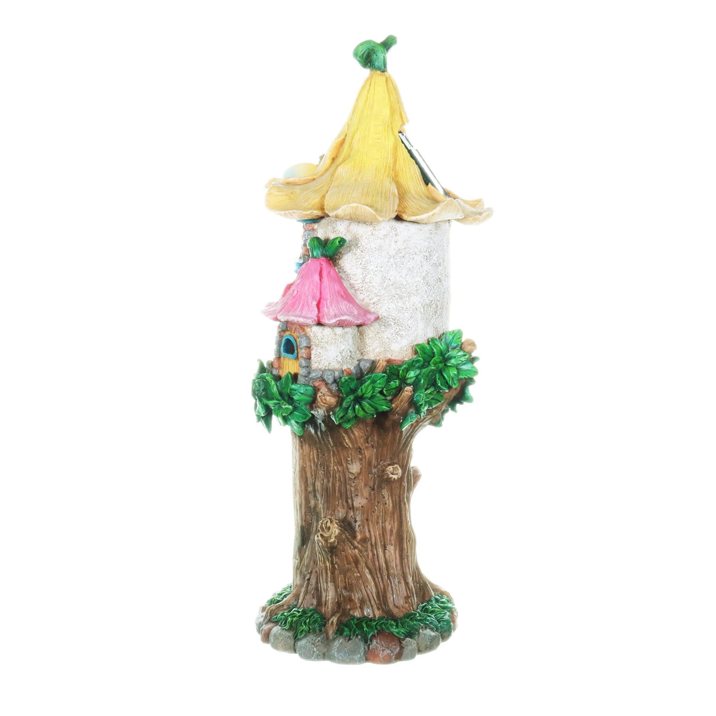 Solar Pastel Fairy Tree House with Lily Roof and Ladder, 9 by 17.5 Inches