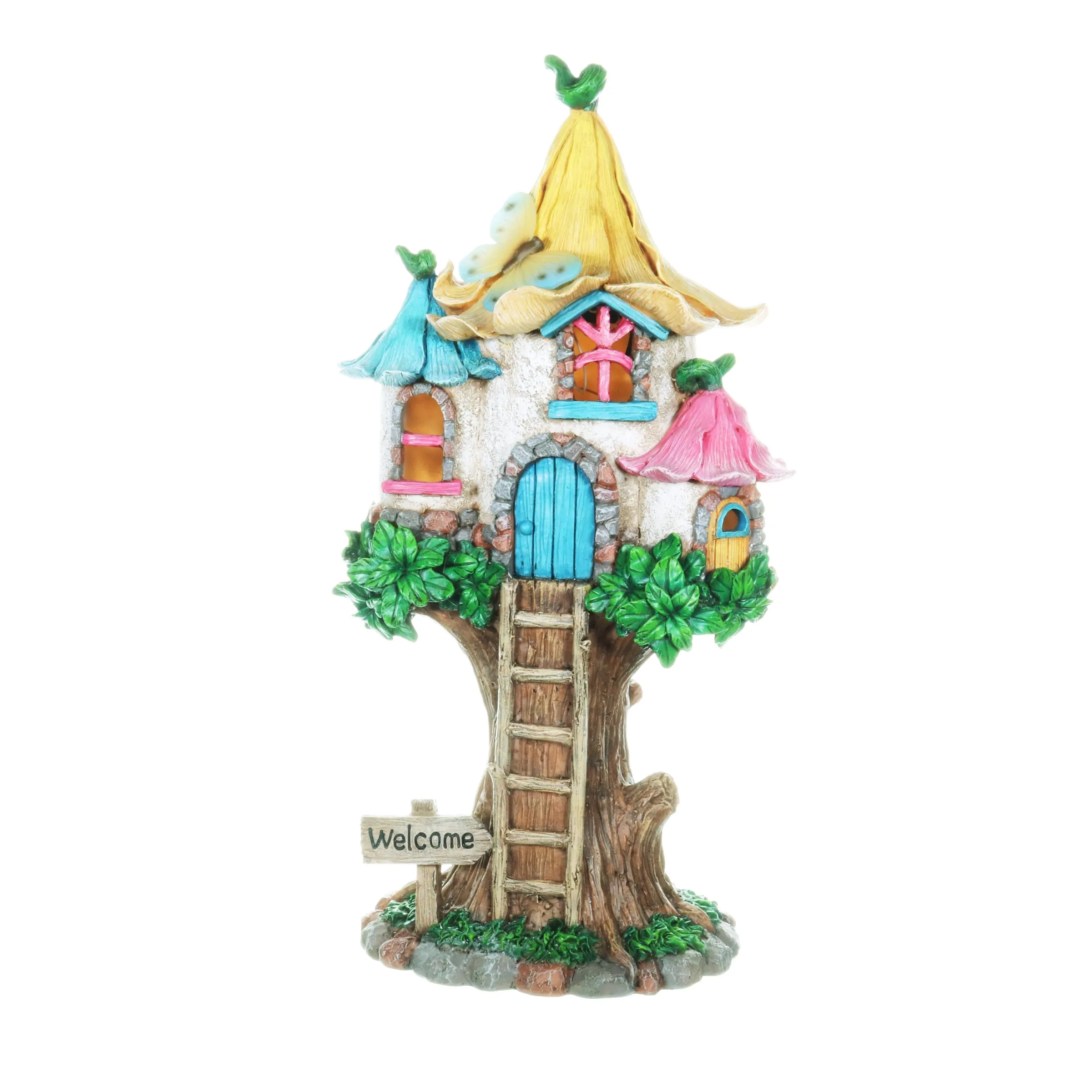 Solar Pastel Fairy Tree House with Lily Roof and Ladder, 9 by 17.5 Inches