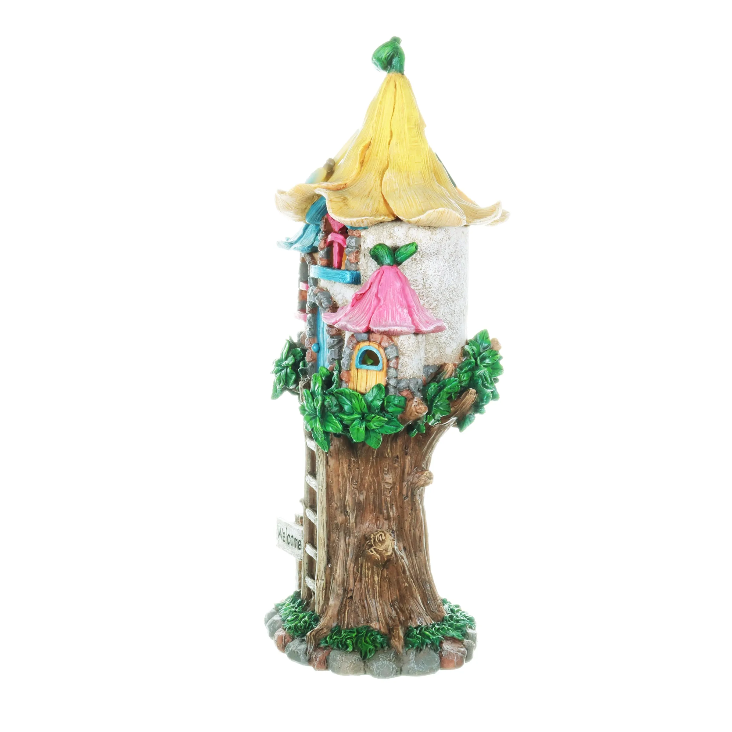 Solar Pastel Fairy Tree House with Lily Roof and Ladder, 9 by 17.5 Inches