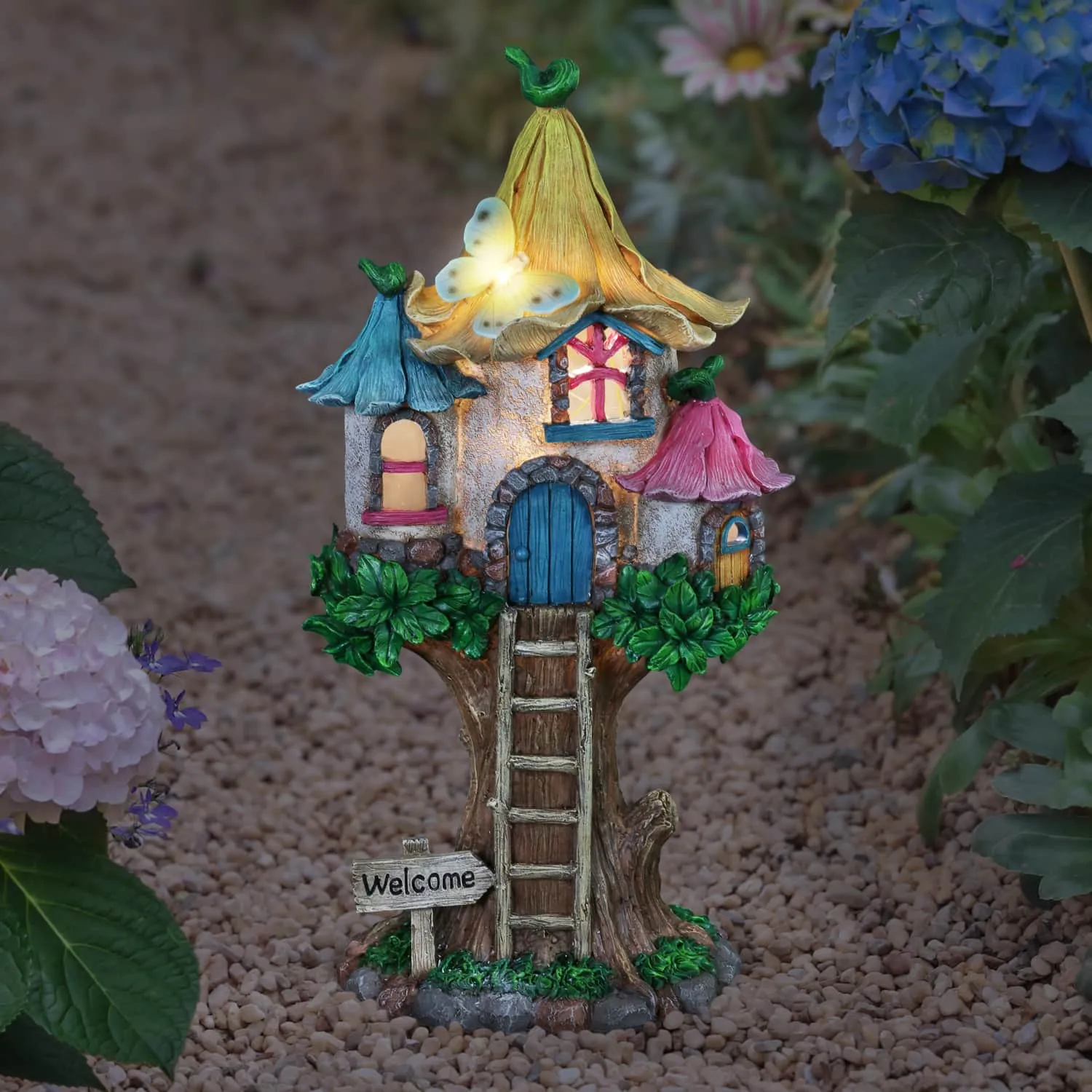 Solar Pastel Fairy Tree House with Lily Roof and Ladder, 9 by 17.5 Inches