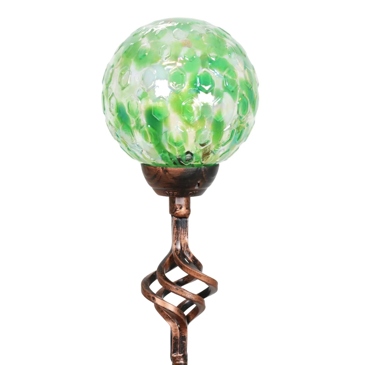 Solar Pearlized Honeycomb Glass Ball Garden Stake with Metal Finial in Green, 4 by 31 Inches