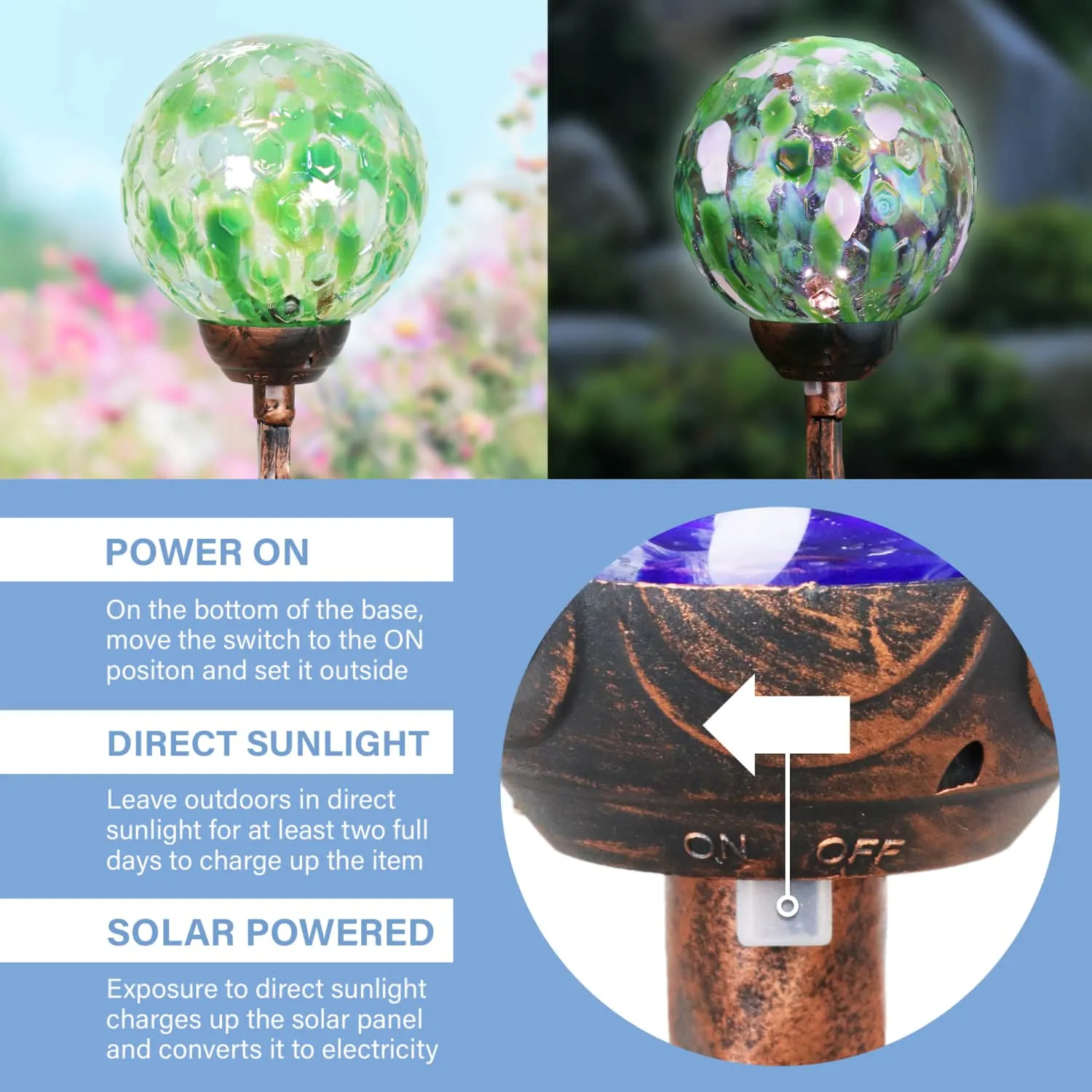 Solar Pearlized Honeycomb Glass Ball Garden Stake with Metal Finial in Green, 4 by 31 Inches