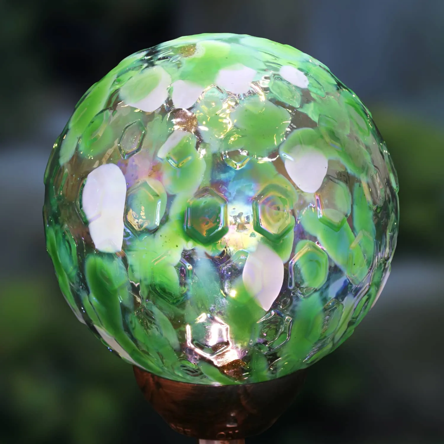 Solar Pearlized Honeycomb Glass Ball Garden Stake with Metal Finial in Green, 4 by 31 Inches