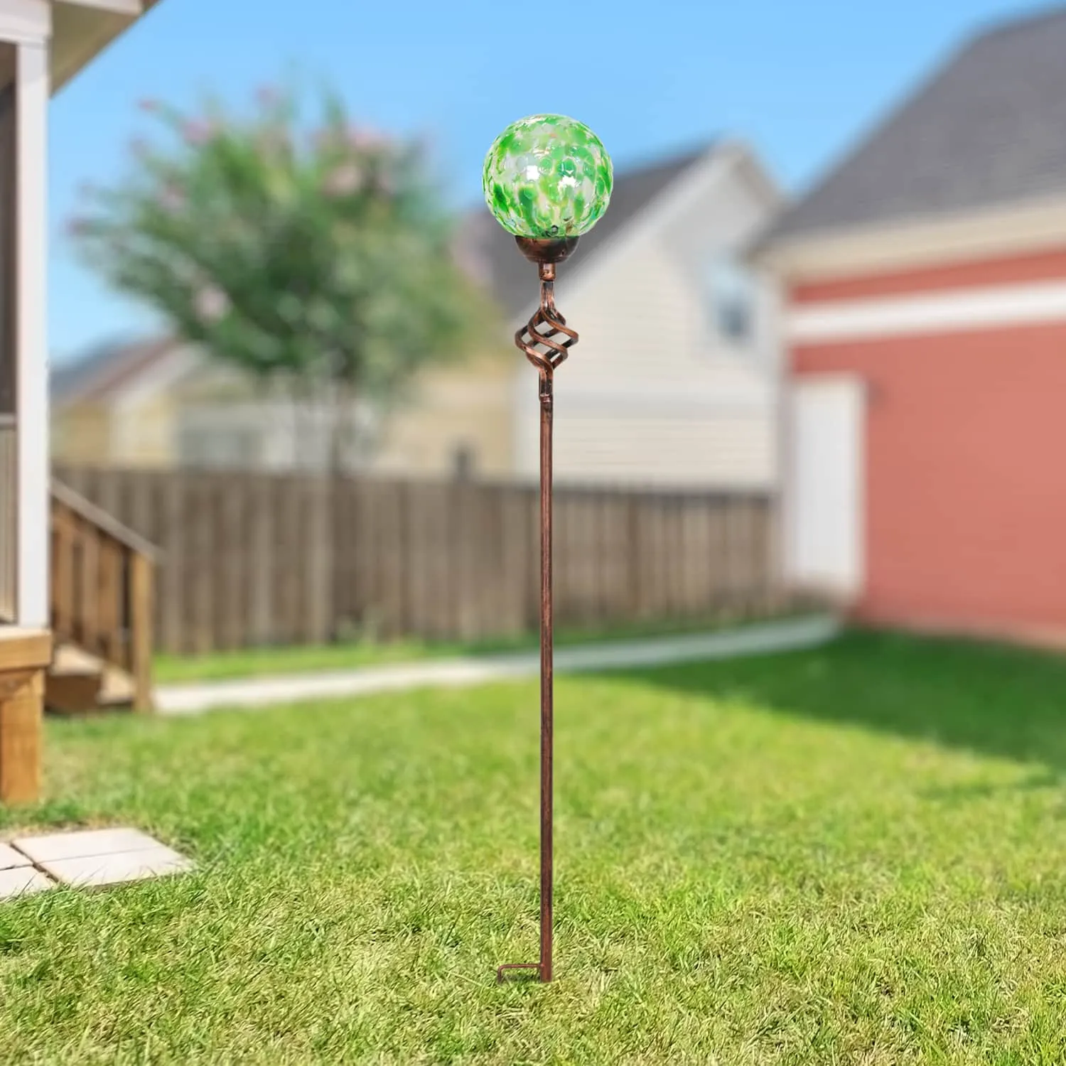 Solar Pearlized Honeycomb Glass Ball Garden Stake with Metal Finial in Green, 4 by 31 Inches