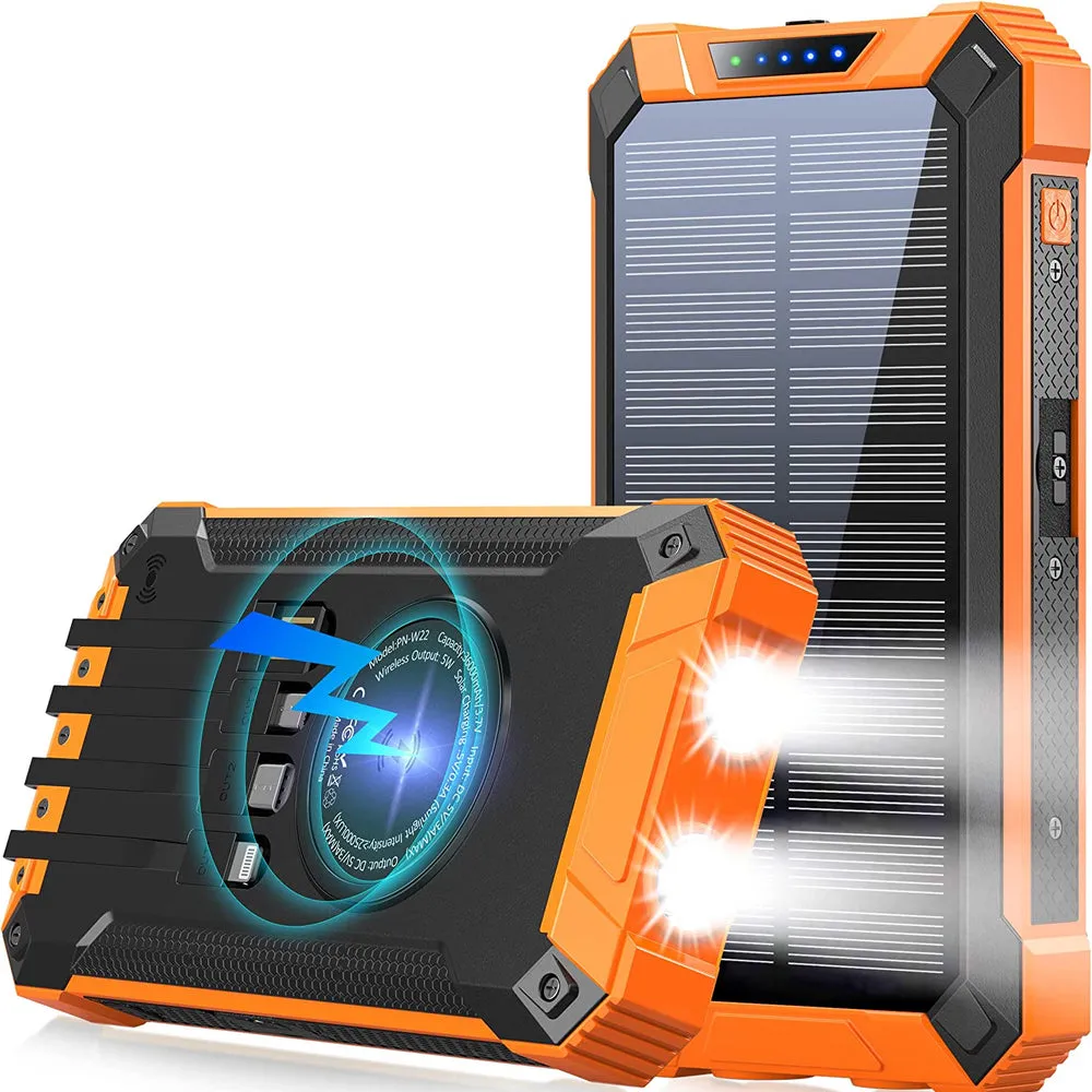 Solar Power Bank Pro 20,000mAh with 4 Built in Cables Qi Wireless Charger Stealth Angel Survival