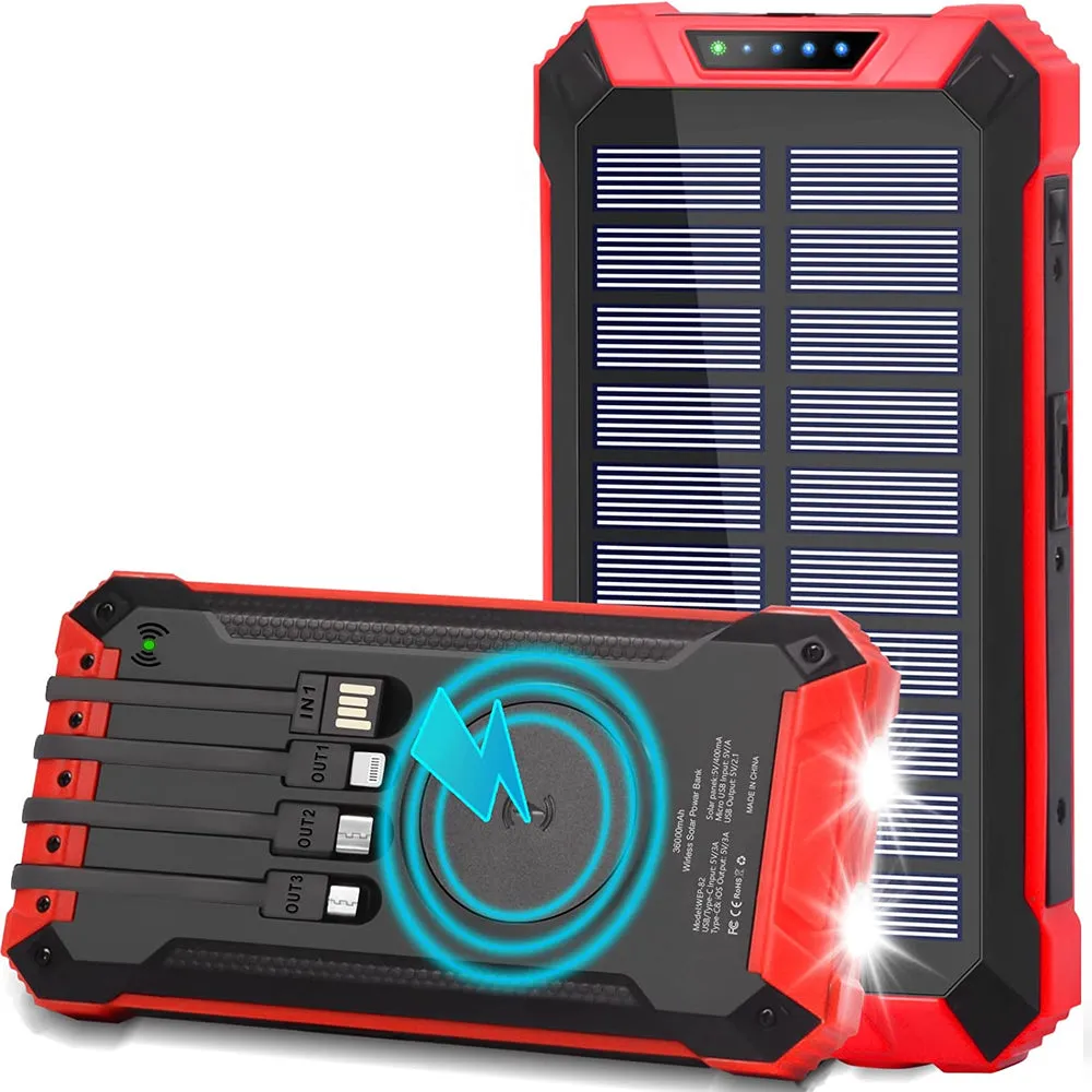 Solar Power Bank Pro 20,000mAh with 4 Built in Cables Qi Wireless Charger Stealth Angel Survival