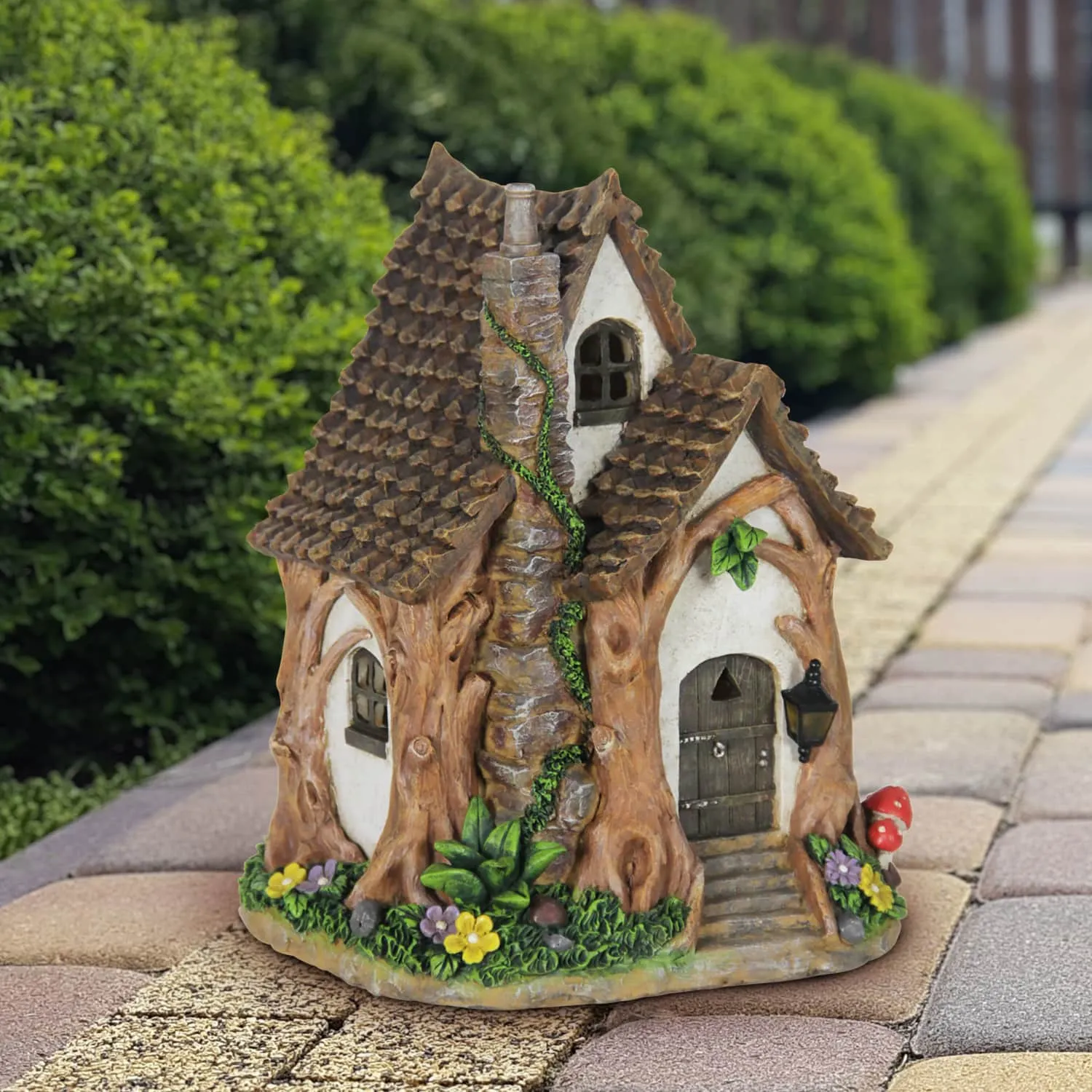 Solar Whimsical Tree Trunk Fairy Cottage Garden Statue, 11 Inch