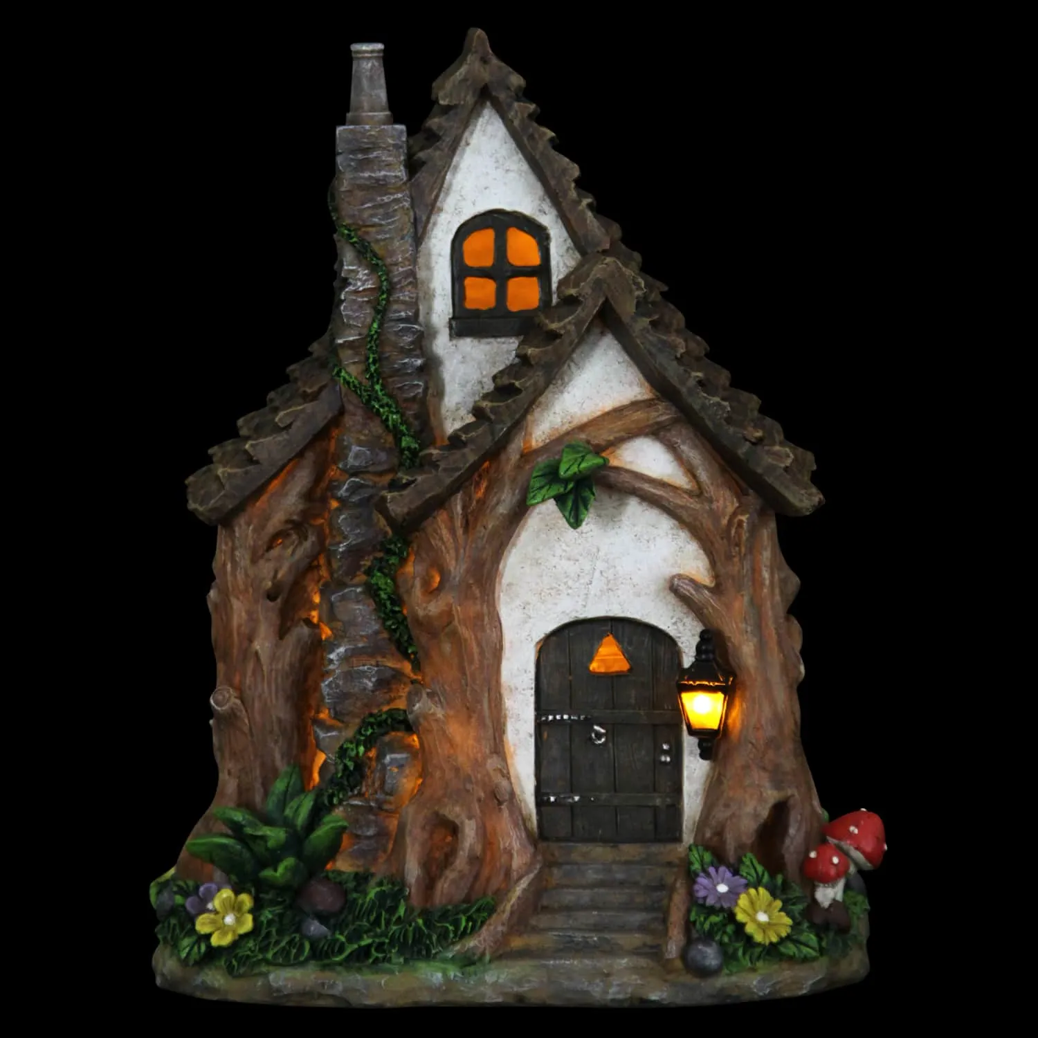 Solar Whimsical Tree Trunk Fairy Cottage Garden Statue, 11 Inch