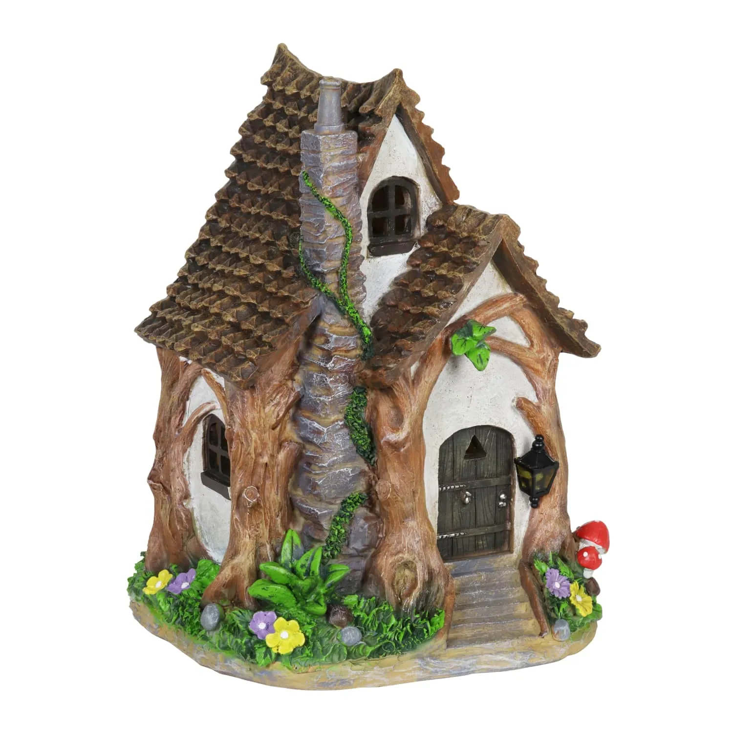 Solar Whimsical Tree Trunk Fairy Cottage Garden Statue, 11 Inch