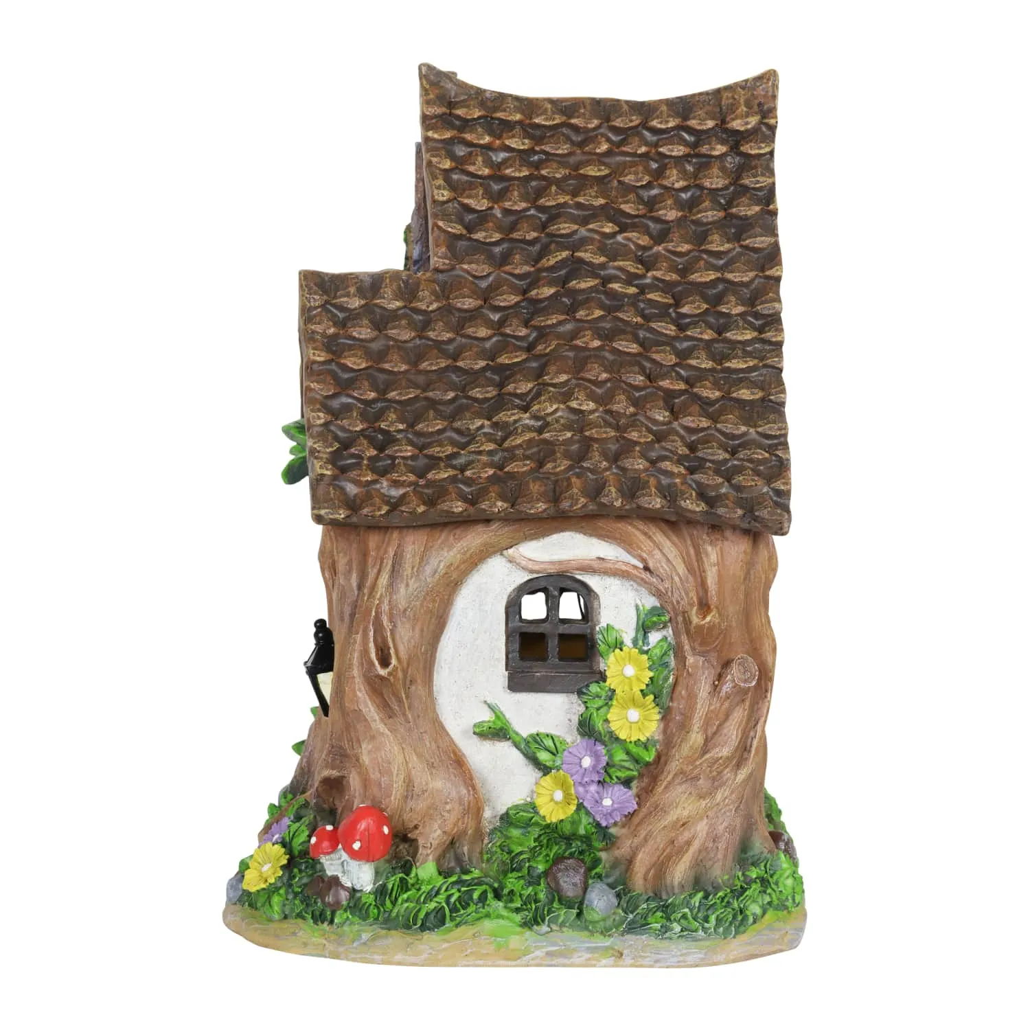 Solar Whimsical Tree Trunk Fairy Cottage Garden Statue, 11 Inch